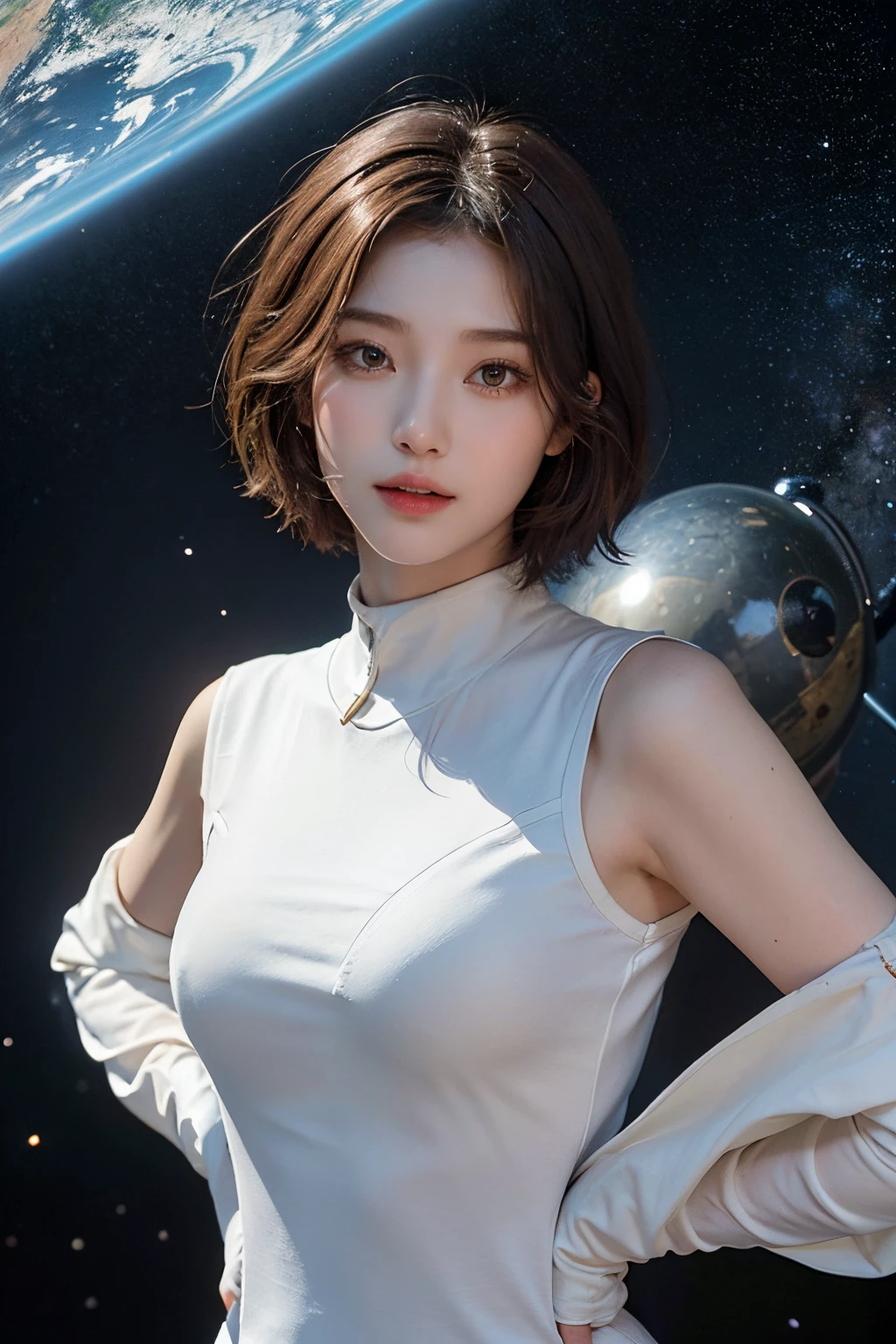 top-quality、​masterpiece、超A high resolution、(realisitic:1.4)、Beautuful Women１、Beautiful detail eyes and skin、ssmile、Light brown short-cut hair、The perfect spacesuit、spaceships、cosmic space、Planet of Rain、Sateen、