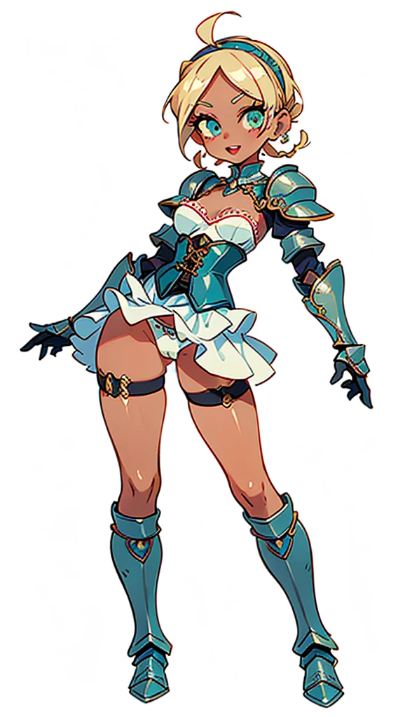 "(masterpiece:1.1), best quality, NSFW,
1girl, (80s anime style:1.3), (eyelashes:1.5), (:1.2),
(intricate high detailed body:1.2),
blonde hair, (forehead:1.1), (short hair, french braid:1.1), (headband:1.2),
green eyes, (lip stick:1.3),
(dark skin:1.4), (slim body:1.1), (medium breasts:1.1),
(happy, smile:1.2), blush,open mouth,
(silver embroidery bikini armor, corset:1.2), (garter belt:1.2),
(knight armor, armored boots:1.2), (frill:1.1), (earrings:1.1), gauntlets,
standing, leaning forward,
(dynamic pose:1.1), (full body, looking at viewer, from front:1.1),
(simple white background:1.2)"
