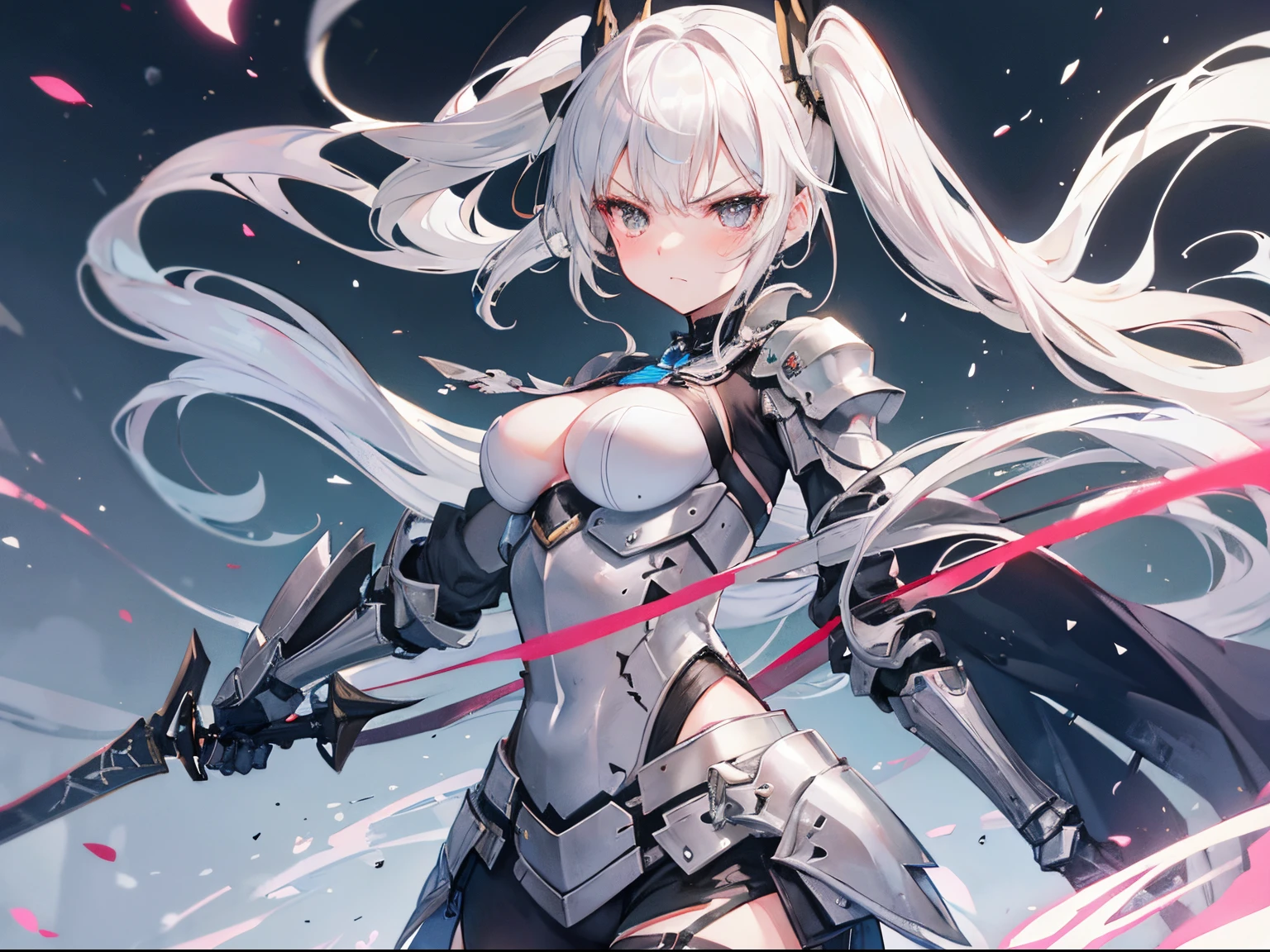 swordswoman, twin tail, silver hair, medium breasts, blush and angry, floating hair, armored dress,