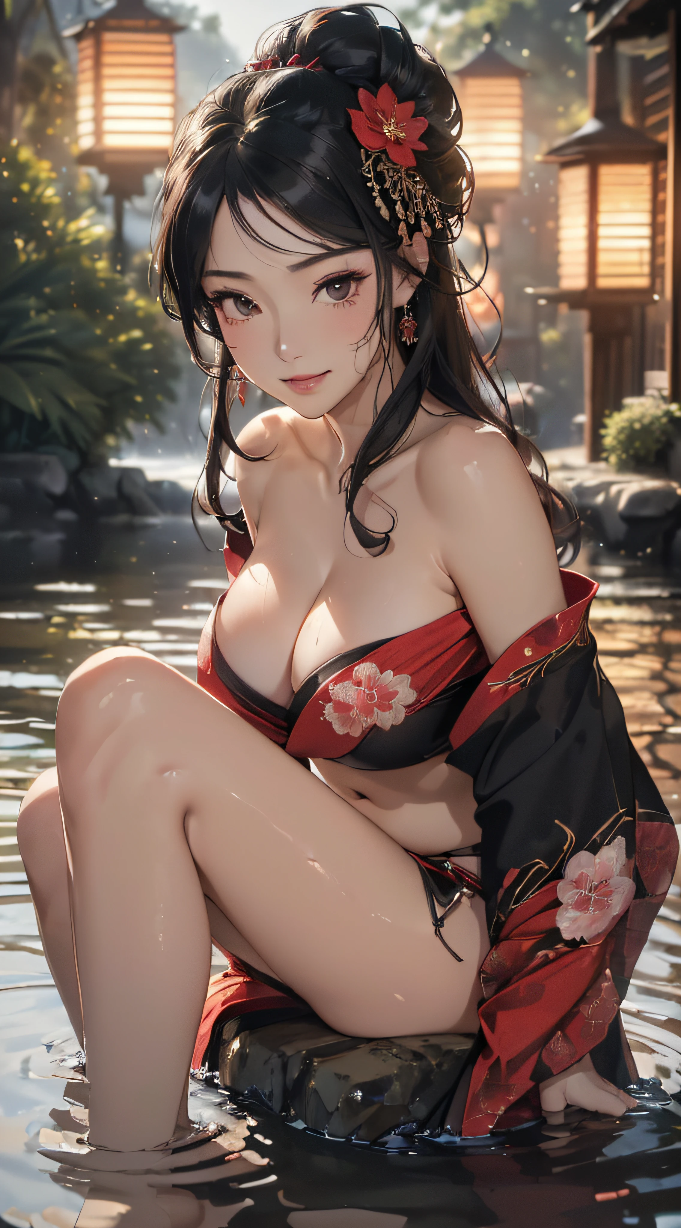 (((8k wallpaper of extremely detailed CG unit, masterpiece, 超A high resolution:1.2, top-quality:1.2, masutepiece))), ((extremely beautiful lady, plein air, natta:1.3, lantern, lying in the water, seductively smiling, Highly detailed hands)), ((extra detailed face, Highly detailed black eyes, extra detailed body, Top quality real texture skins)), ((A dark-haired, de pele branca, Small:1.3, Sexy black and red kimono:1.2, off shoulders, Light pink eyeshadow)), ((Exposed cleavage, exposed shoulder, Exposed belly, Exposed legs)), Water surface reflection, Low perspective, hyper realisitic, digitial painting,