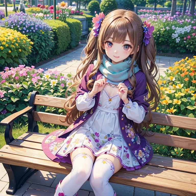 master piece , Best Quality,Wallpaper 8k CG, hyper quality, The best ,1girl in,Solo,Seductive smile,
(in Flower garden, Colorful flower garden,Floral scenery:1.5),( Blue sky, cumulonimbus clouds),(Wooden bench:1.2),(Many flowers are blooming:1.3),(Birds fly in the sky:1.3),(Peplum jacket),Intricate details on tulle skirt, Whole body, Girls Front, Close-up focus, Petite, long hair blown up, Curly hair, Air bangs, Beautiful and detailed rune tails, Twin-tailed, light brown hair, beautiful detailed hair, lovely big eyes, normal hands, flat chest, zettai ryouiki, scarf, long boots,