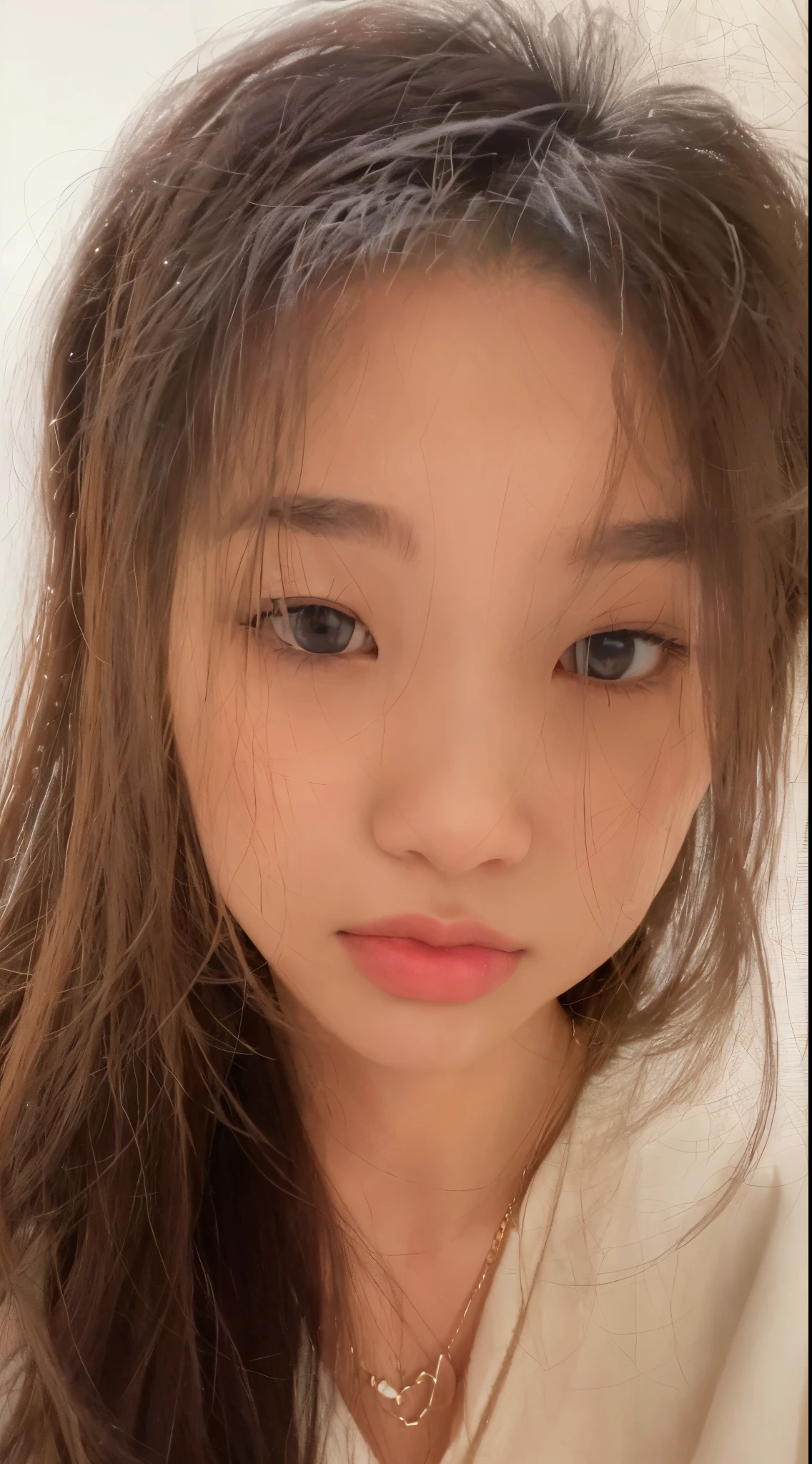 Close-up of a woman with long hair and necklace, Young and cute Korean face, Have a small nose, Young cute asian face, close face, Clear and cute face, small heart - shaped face, Nam Jae-yeon, Cute Korean face, jinyoung shin, she has a cute face, with a round face, round cheeks, Asia face