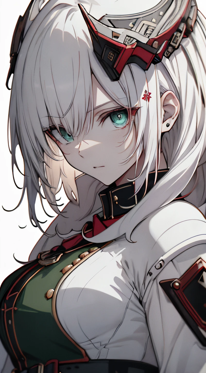 Full body, White one-piece military uniform,(masutepiece:1.2, Best Quality), (finely detailed beautiful eye: 1.2), (beautifull detailed face), High contrast, (Best Illumination, extremely delicate and beautiful), ((Cinematic Light)), Dramatic light, Intricate details, emeraldgreen eyes, Belt under boobs、White military uniform, White skirt,Wine red hair, (Pale white background:1.5),  Black tie