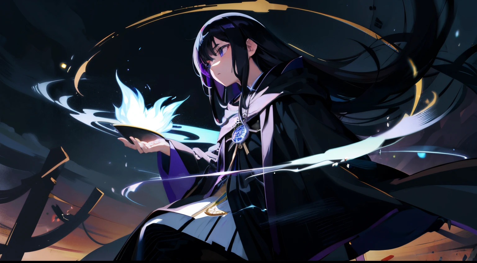 Long black hair、Purple eye、Wizard anime girl in black cloak and white shirt、mages、casting spells、High quality anime art