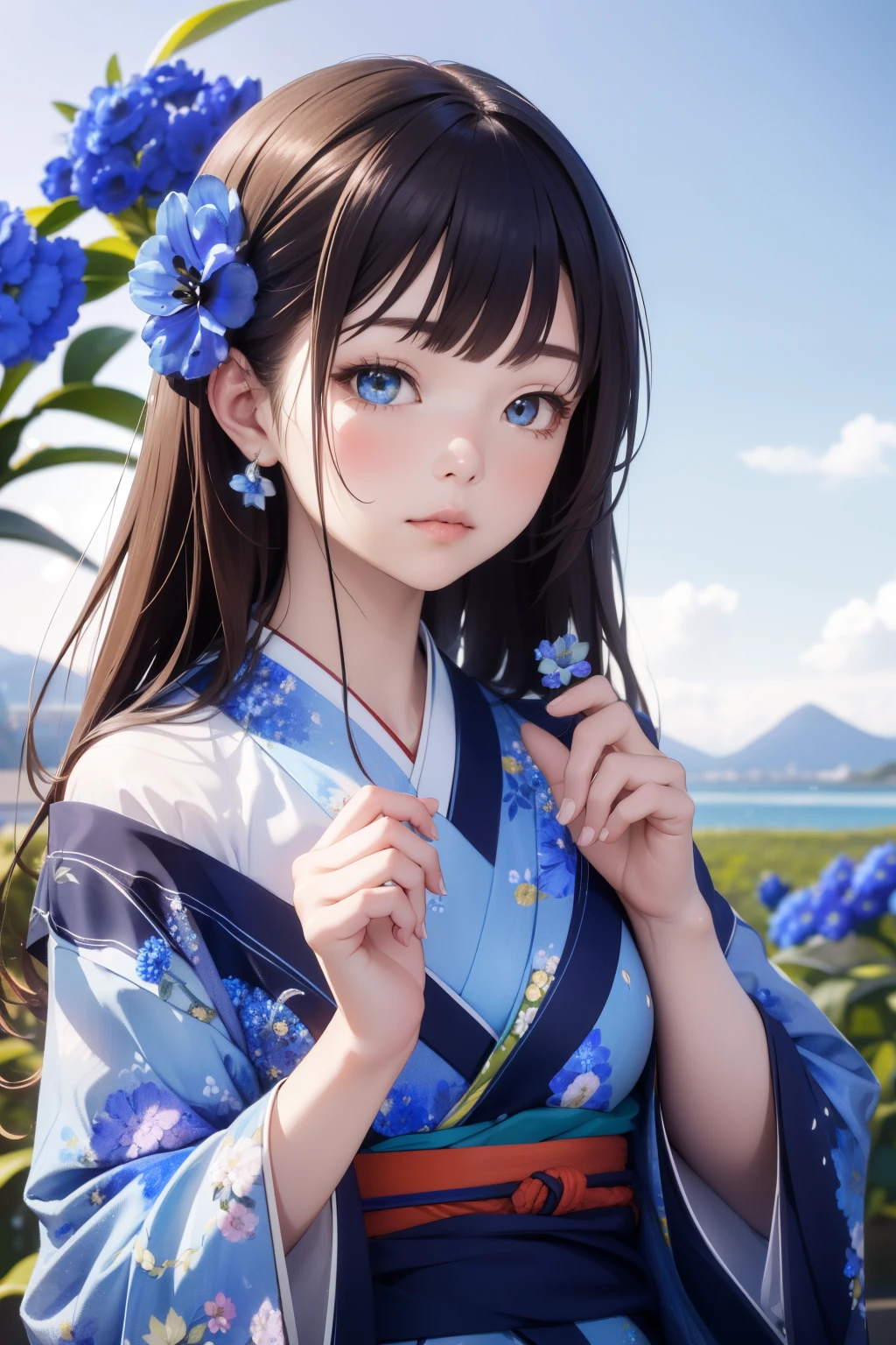 (((blue flowers on the horizon:1.3)))、Best Quality, masutepiece, High resolution,cowboy shot、 (((1girl in))), ,(((i am horizon blue:1.3)))、horizon blue kimono、 Tindall Effect, Realistic, Shadow Studio,Ultramarine Lighting, dual-tone lighting, (High Detail Skins: 1.2)、Pale colored lighting、Dark lighting、 Digital SLR, Photo, High resolution, 4K, 8K, Background blur,Fade out beautifully、horizon blue world