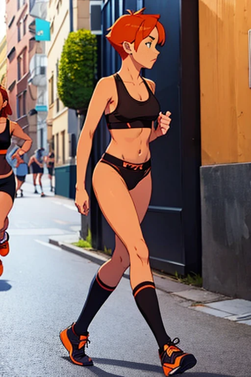 Sexy girl walking outside on street in just underwear, sports bra and panties, thong, tiny panties, knee high socks, shoes, short orange hair, full body, jogging, crowded street