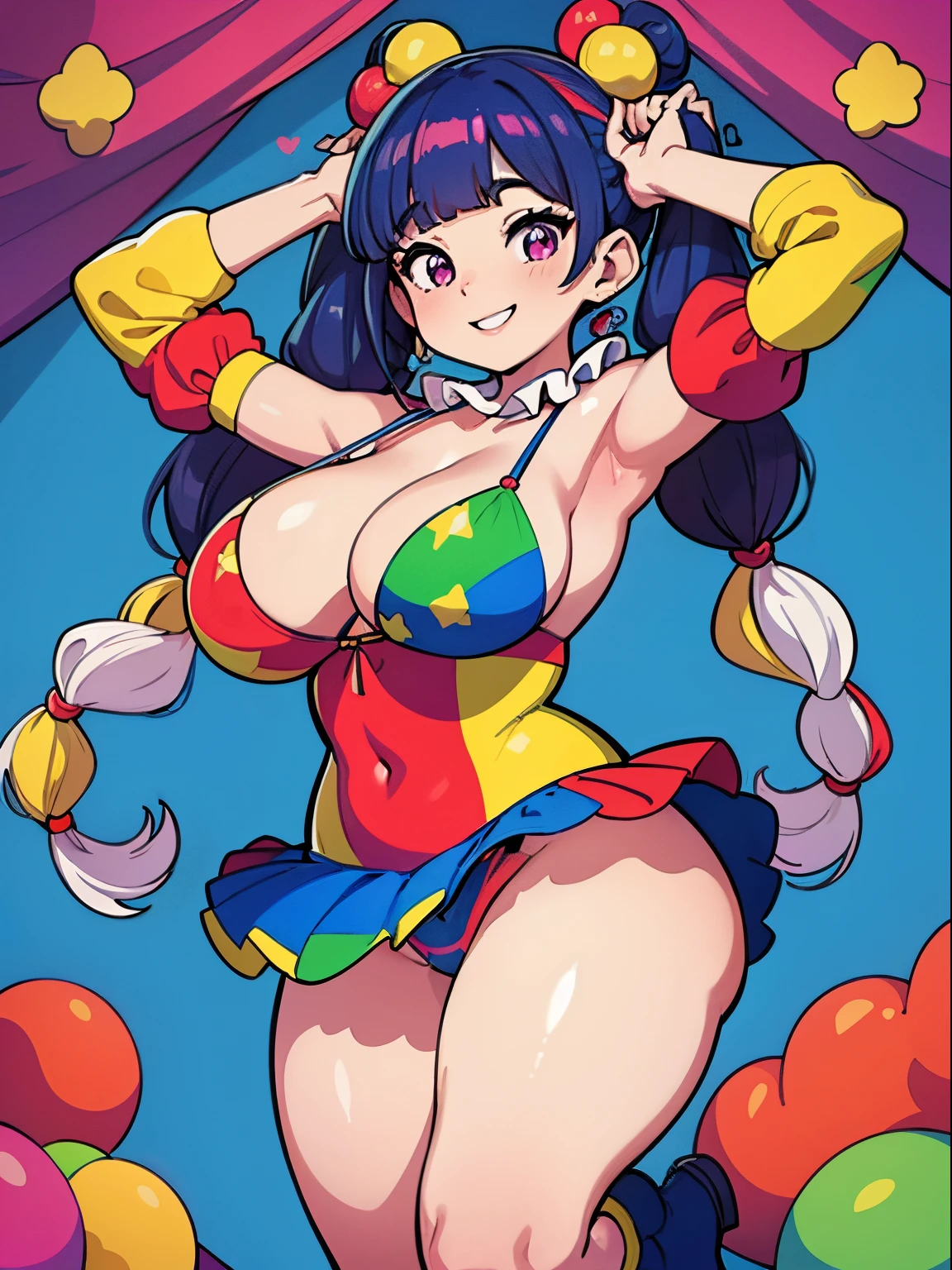 (melhor qualidade, obra-prima), 1Meninas, (corpo BBW), (cabelo multicolorido), (pigtails), (clown), (smiling), (white skin), Feliz, corada, rechonchuda, Fofa, emphasis on the thighs, Pose sexy, seios grandes, Hands behind your head