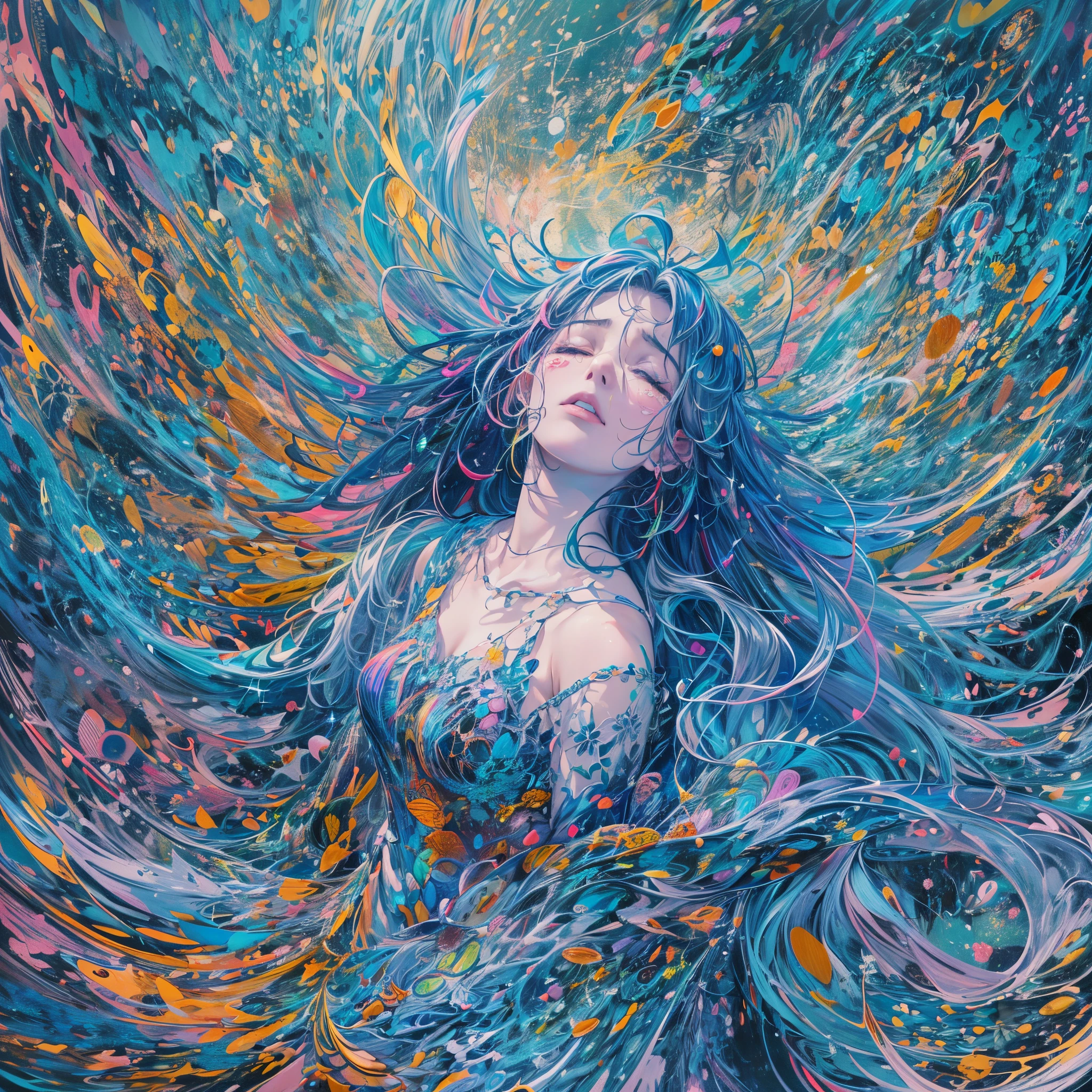 Highest Quality Masterpiece,1womanl,独奏,(abstract  art:1.4),(Psychedelia Theme:1.6),(A sparkling blue world:1.4),(Close your eyes and shed tears:1.4)There is a beautiful woman at the center of the world,A ray of light,prisma,i just stood there,i exhale、I was doing everything I could to deal with the anxiety that sucked,I am clumsy,