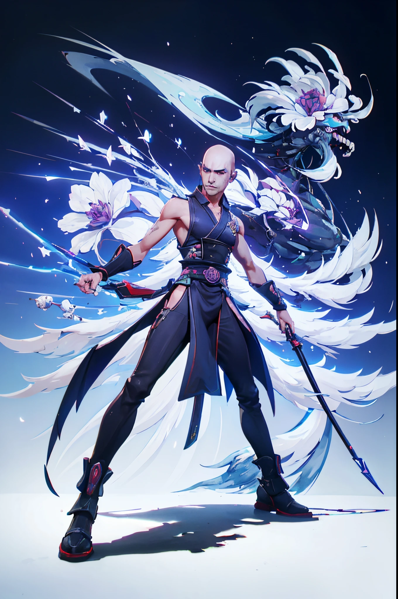 01_(Stylized character concept art), (1.full body figure), (3D character concept), (game character design).
(Description of the hero), (a young man, a Shaolin monk who combines traditional elements of ancient Chinese martial masters and modern urbanized details of appearance). (A smoothly cropped head, a piercing gaze, this is a fighter, an artist, a cyber-mage. He has a strong, slender physique, a bald head, a strong neck, shoulders, arms, and slender legs). (Dressed in a loose silk kimono, decorated with traditional Chinese patterns; flowers, peonies, skulls, and birds. A wide belt girds a strong torso, the open chest is covered with rosary beads. Arms and legs are protected by combat protective elements in a futuristic style, cyberpunk, cyber fighter. ! On her feet are cool white sports shoes, with thick soles!). (His weapon, the magic of fine arts, is armed with a long pole, this is a technological device, vaguely reminiscent of a traditional fighting pole, metal, electronic, cyber weapons. With the help of virtual images, the Fighter Monk is able to recreate various elements in space; dragons, demons, birds, flowers, and dead people. Depending on the level of accumulated energy and the presence of “primary elements”).
02_Image made in the style of a concept sheet, white empty background, (one character, full height), weapon in hands, (01_option, spectacular dynamic - combat pose with a pole, creates a combat