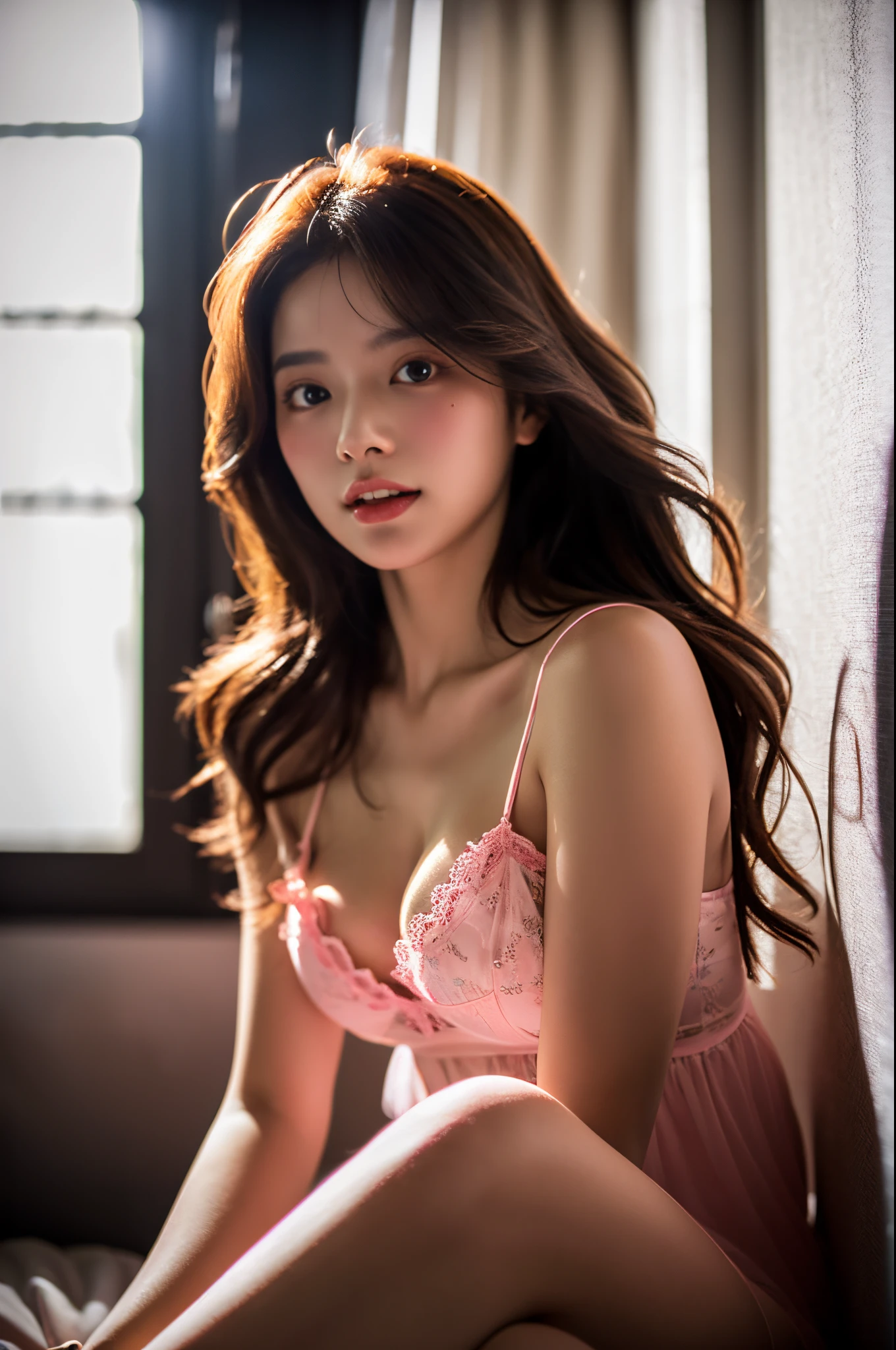 ulzzang -6500-v1.1, (Raw photo:1.2), (Photorealsitic), (See-through:1.3), (Real: 1.4), negligee、light pink translucent silk nightgown、game_nffsw, Looking at Viewer, Maniacal, messy long hair, Beautiful detailed eyes, (sexual excitement:1.1), Hair glows,Dramatic Angle, Ethereal beautiful body, realistic skin textures、shinny skin、sitting by the window at night、bent at the knees、legs wide open、Hashinai Pose、