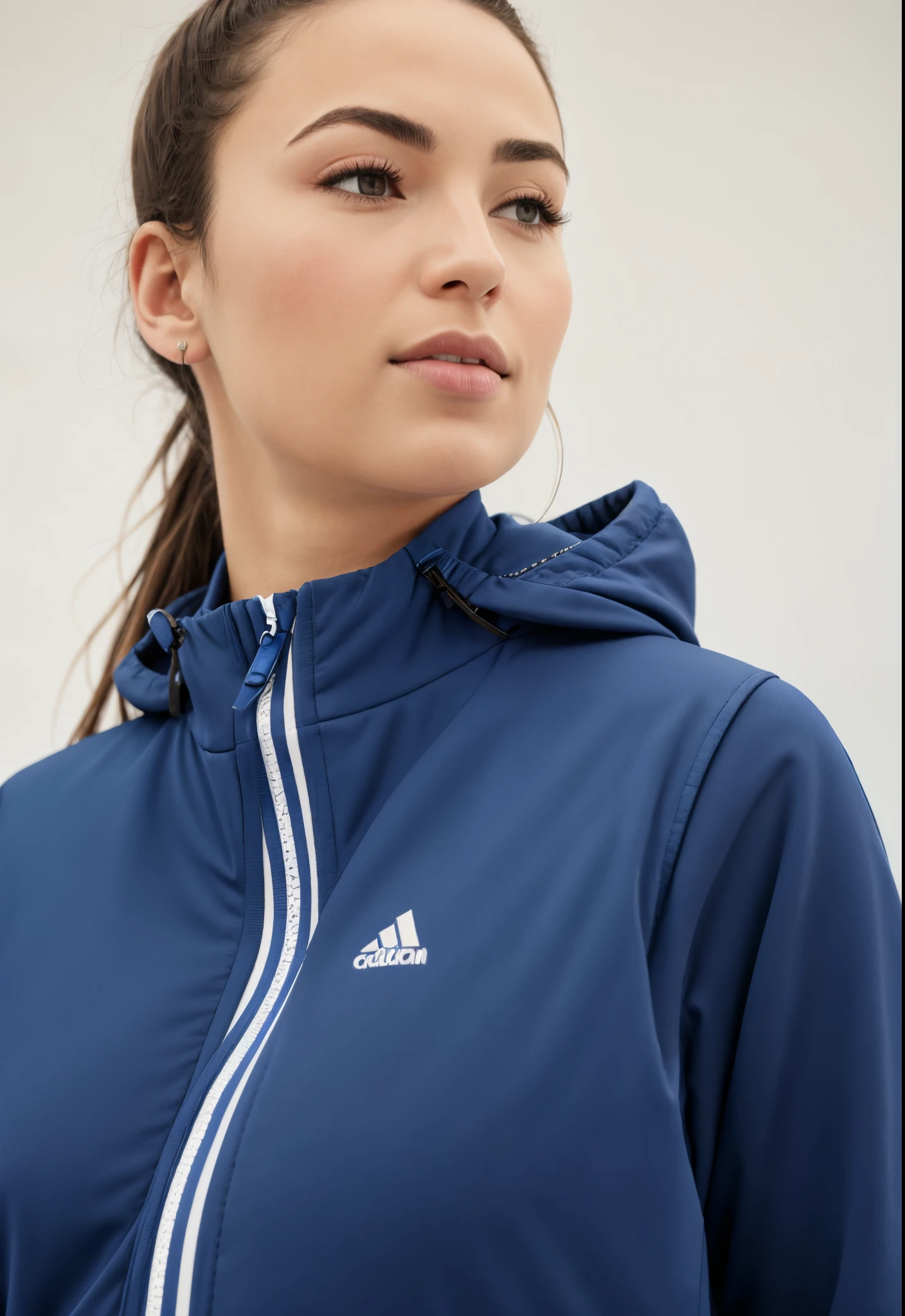 a woman wearing a blue jacket with a striped zipper, vestindo jaqueta azul, encapuzado, Jaqueta azul, jaqueta azul harmonia, vestindo uma jaqueta azul, usando um capuz azul, Parka Azul, suit jacket, detalhado, profile close-up view, Hood, medium poly, azul-marinho, wearing jacket, roupas esportivas, wearing a tracksuit, profile view, jaqueta esportiva