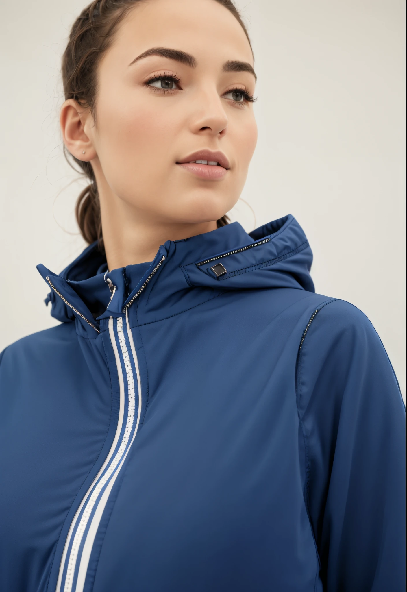 a woman wearing a blue jacket with a striped zipper, vestindo jaqueta azul, encapuzado, Jaqueta azul, jaqueta azul harmonia, vestindo uma jaqueta azul, usando um capuz azul, Parka Azul, suit jacket, detalhado, profile close-up view, Hood, medium poly, azul-marinho, wearing jacket, roupas esportivas, wearing a tracksuit, profile view, jaqueta esportiva
