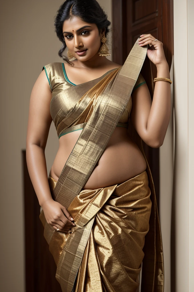 Foto RAW, photorealistic, photography, full body shot, master shot, goddess like beauty, perfect thick fat mallu Desi aunty bhabhi, Wearing a Stanapatta, a chest-band.Saree model, model photography, Indian saree shoot, full body well structured, Indian traditional wear advertising photography, traditional wear brand shoot, face of Indian actress Huma Qureshi, masterpiece, realistic, realism, incredible details, sensual pleasure, photorealism, detailed skin, skin pores, high contrast, photorealistic Artstation 8k HD digital art trend of high definition and detailed realistic skin texture, ultra detail, realistic skin texture, armature, best quality, ultra high definition, (photorealistic:1.4),, high resolution, detail, raw photo, Re sharp, by Lee Jefferies Nikon D850 Film Stock Photo 4 Kodak Portra 400 Camera F1.6 Lens Rich Color Ultra Real Realistic Realistic Textures Dramatic Lighting Unreal Engine Trending at Art Station Cinestill 800,(pele altamente detalhada: 1.2), 8k UHD, DSLR, soft-lighting, alta qualidade, grain of film, Fujifilm XT3,she didn't like to wear blouse or bra, she is happy to wear only saree, she hates blouse or bra,