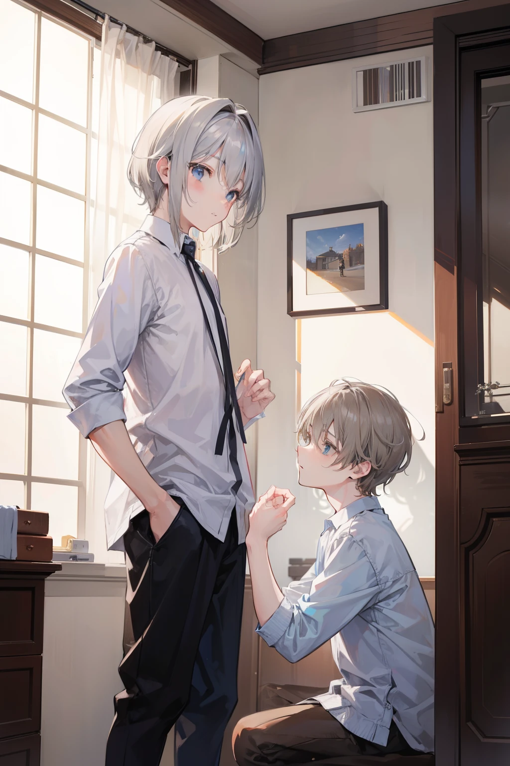 Two , Silver-haired boy and brown-haired boy,Boy's room、games、Boys Love、Talking、hight resolution、ultra-detailliert