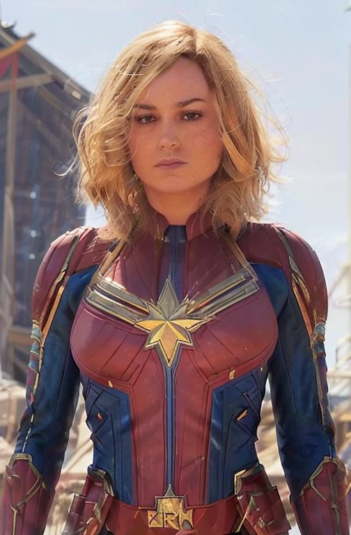 SCANTILY CLAD brie larson, medium hair, full body portrait, wearing captain marvel outfit, sexy, cleavage, breasts showing