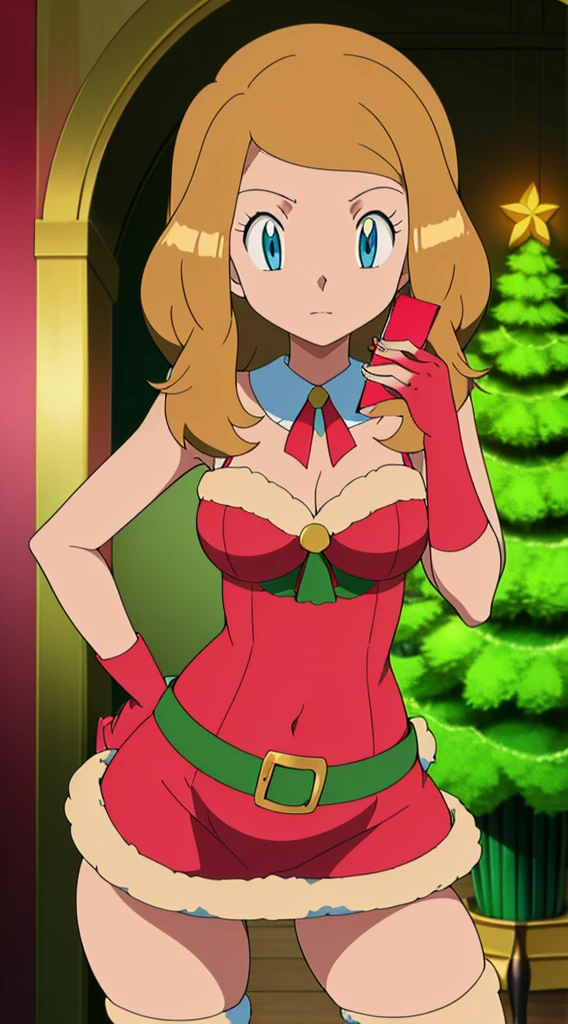 masterpiece, best quality, 1 solo girl, blonde hair, blue eyes, short hair, wavy hair, Christmas ornaments, medium breasts, mature body and face, red santa dress, christmas, christmas light, christmas tree, red gloves, red santa skirt, holding gift, red bra, red panty, leg up, cowboy shots, sexy pose, dakimakura, detailed body, face, and eyes, sharp focus, vibrant, creative, dynamic, high definition, high resolution, 8k, (Upscale: R-ESRGAN 4x+ Anime6B), (Image enchance:4x), voluptuous body
