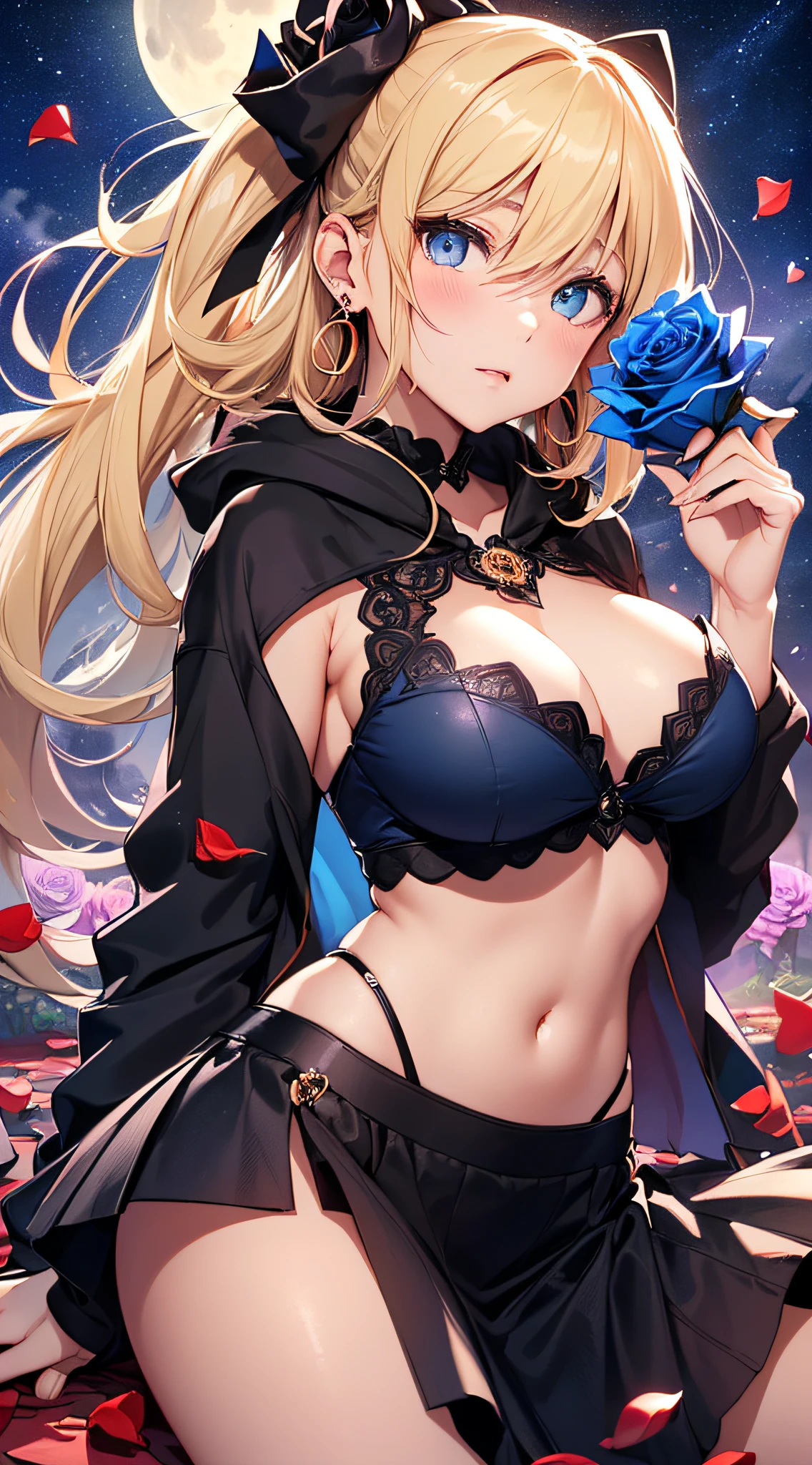 top-quality、Top image quality、masterpiece、girl with((18year old、Best Bust、big bast,Beautiful blue eyes、Breasts wide open, Blonde ponytail、A slender,Large valleys、Black hoodie、Red and black skirt、Sleeveless、Ruby Earrings、Sit up、Eyes in Love))hiquality、Beautiful Art、Background with((Full Moon Night、dancing rose petals、Beautiful night sky、blue rose meadow)))、,masutepiece、visualart、depth of fields、