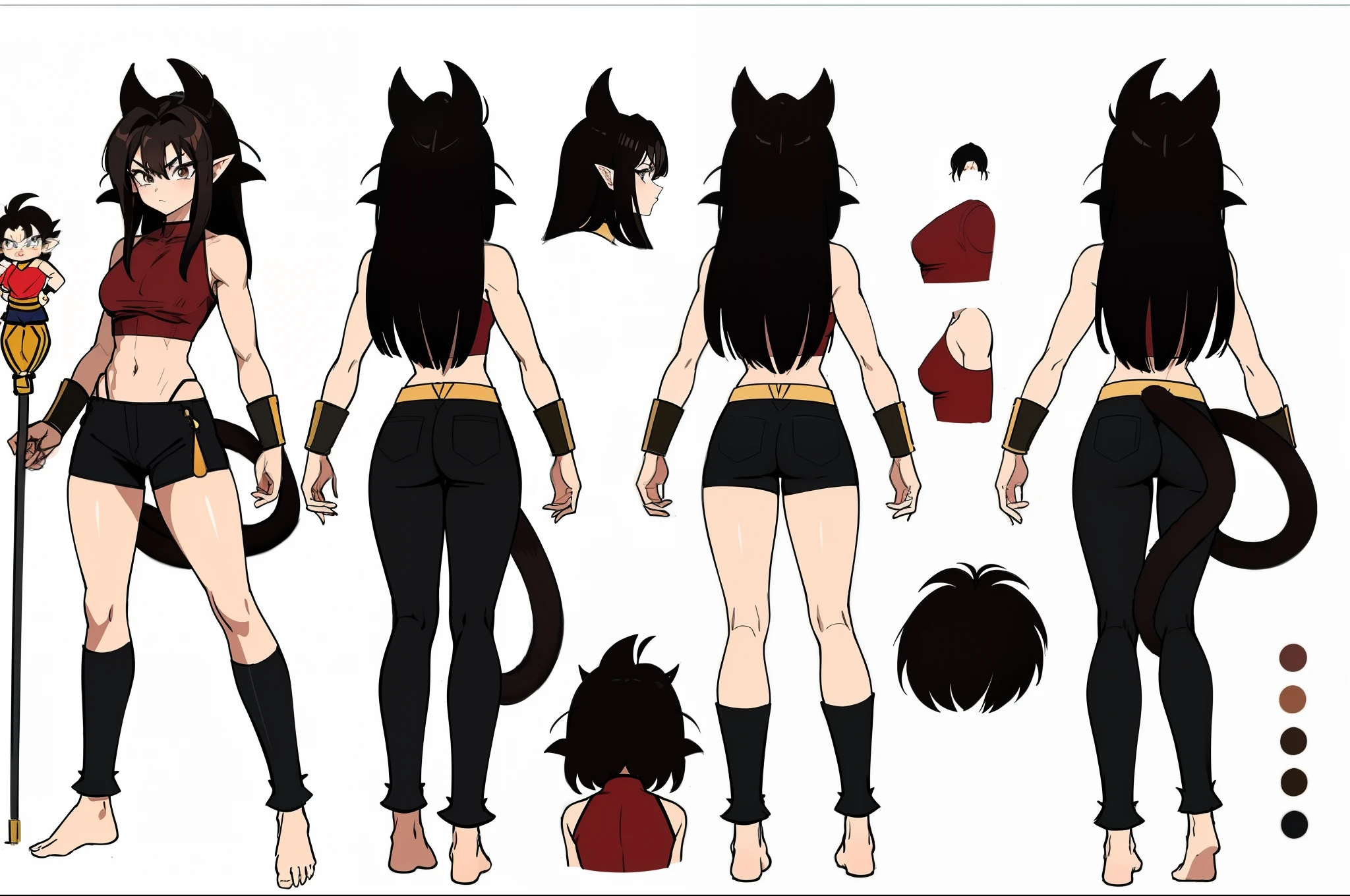 {(beautiful, masterpiece, best quality, perfect lighting, reference sheet, model sheet)}, (multiple views, [from behind|from side|from front|close-up|upper body|portrait]:1.2), (masterpiece, best quality, detailed face, detailed eyes), black eyes, Saiyaness, Saiyan monkey tail, black hair, long wild spiky hair, pale beige Shoulder less Gi, brown sash belt, very dark brown short tights, very dark brown wrist bands, small tufts of fur on top of feet, barefoot, Saiyaness, a cartoon character with black hair, lashing Saiyan monkey tail, Saiyaness with a monkey tail, hair tied, long wild spiky hair, hair over shoulders, mane of hair down back