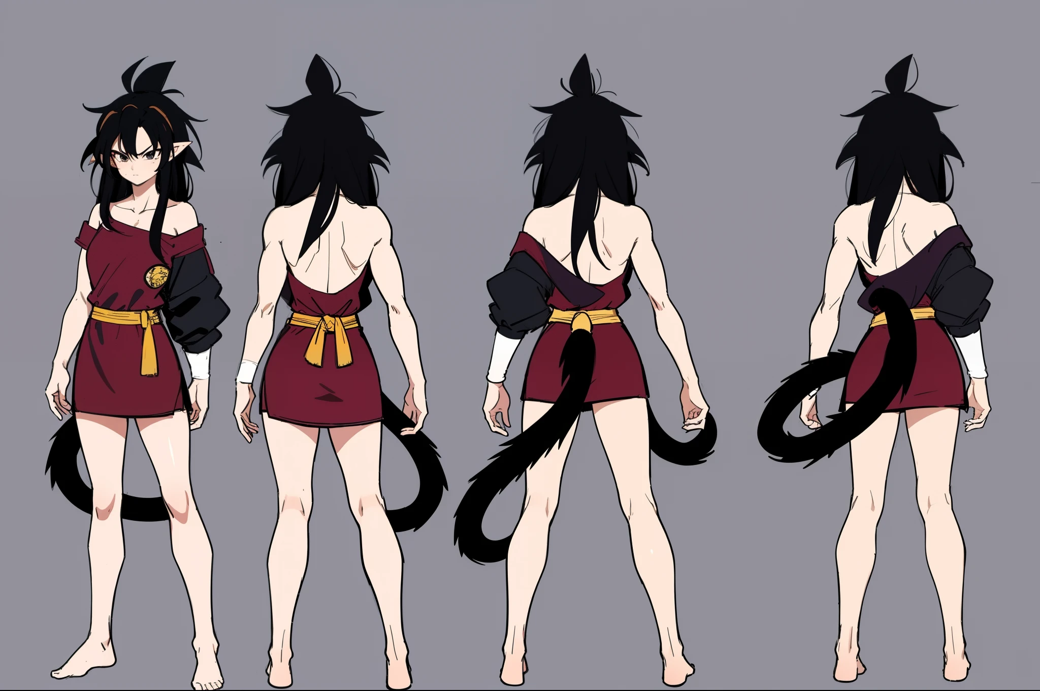 {(beautiful, masterpiece, best quality, perfect lighting, reference sheet, model sheet)}, (multiple views, [from behind|from side|from front|close-up|upper body|portrait]:1.2), (masterpiece, best quality, detailed face, detailed eyes), black eyes, Saiyaness, Saiyan monkey tail, black hair, long wild spiky hair, pale beige Shoulder less Gi, brown sash belt, very dark brown short tights, very dark brown wrist bands, small tufts of fur on top of feet, barefoot, Saiyaness, a cartoon character with black hair, lashing Saiyan monkey tail, Saiyaness with a monkey tail, hair tied, long wild spiky hair, hair over shoulders, mane of hair down back