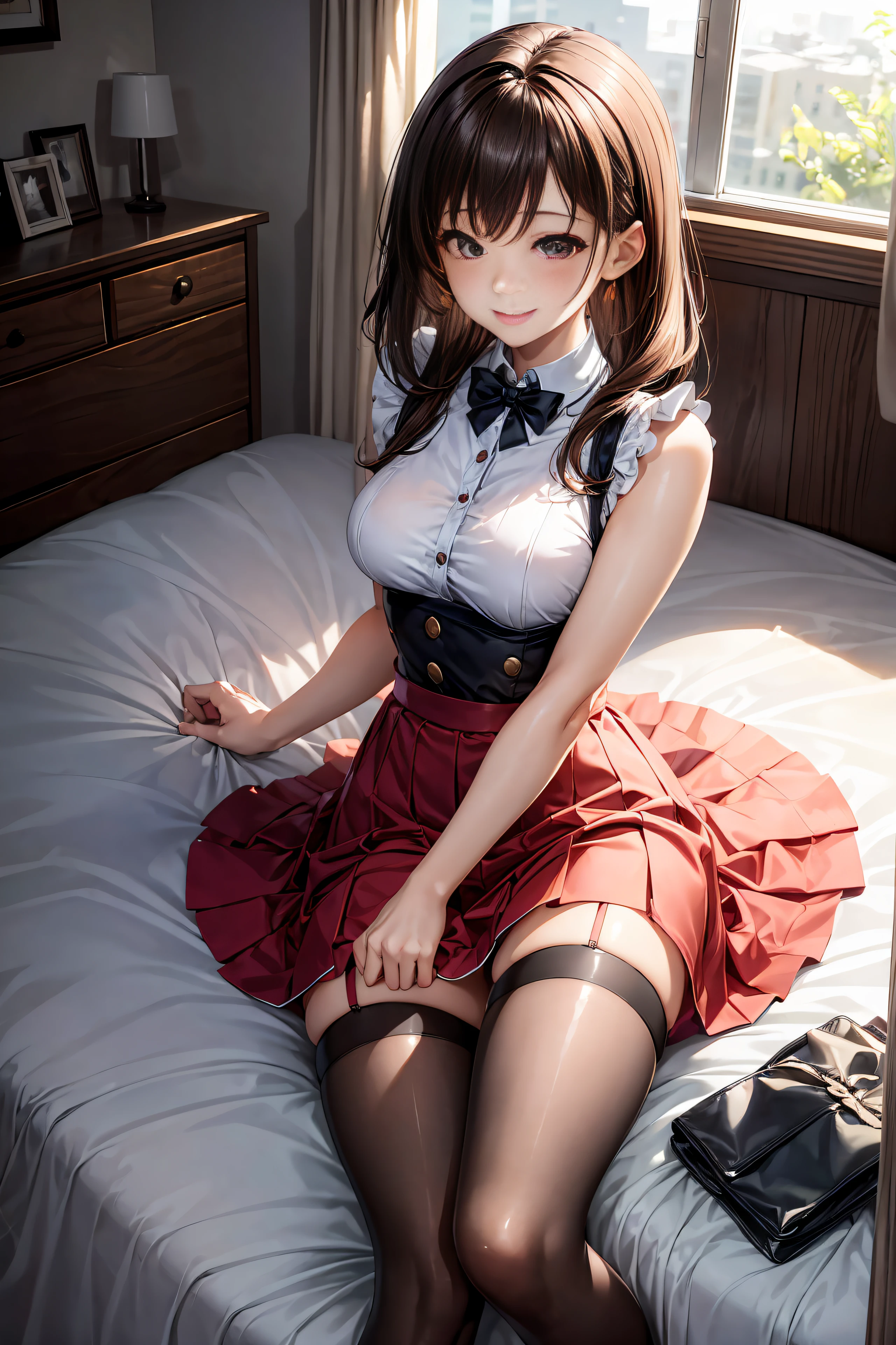 People from Scusbrook, Sukesbrook,Maid costume、flered skirt、fishnet tights、(masutepiece:1.2), (Best Quality:1.2), Perfect eyes, Perfect face, 1girl in, Solo, Brown eyes, (medium breasts), breasts of medium size,,, Sleep in bed, Smiling、Emphasize ass、Shy laughter