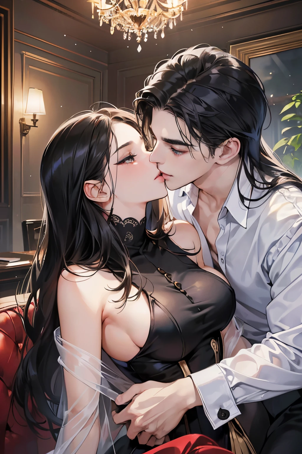 (masutepiece, Digital Art, Digital Illustration, 4K, 8K, Ultra-detailed, beautiful image, Sharp Image, Photorealistic, Raw photo, Perfect face, Perfect lines, Perfect eyes, Soft lighting) 1 woman, (Long Black Hair,straight haired,Bullish gaze,Beautie,Woman in suit,Solid makeup,23 y-o woman,A slender、small tits:1.3),Secretary, Two handsome men in suits, (ember,Men in suits,well-muscled,Firm shoulder width,Adult male,Boyish hairstyle,English gentlemanly style,Man in his 30s with a cool expression,28-year-old man with bright smile:1.2),Office scene at night,Antique furnishings,Antique chair,chandeliers,Parti、a couple、couple kissing、kiss、the kiss、Romance、loves it、kiss、a couple、couple kissing、Romance、Romance、ssex、have sex、Wet pubic area、insert 、Rape、Overflowing、独奏,Full body painting,(One Girl And One Man,Having sex:1.5),(ember,Adult male,Rubbing the girl's boobs:1.2),Cheek dyeing、gasping face、embarrassed、boredom、begging、Unhappy、Greedy expression,Wet pubic area、 xen、Crotch wide open、greedy