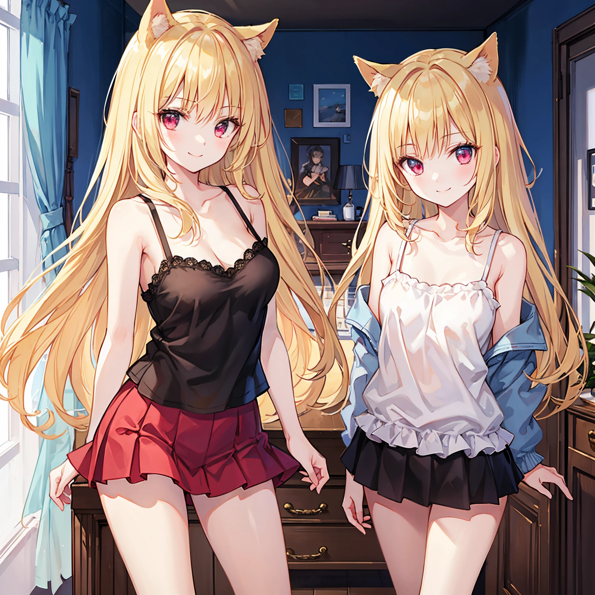 Realistic and detailed image of a girl with cat ears. sleepwear with mini skirt shorts. Unusually shiny long silky blonde hair. blue eyes. Has earrings and long eyelashes. She has full lips. large breasts, slim waist, very wide hips and thick thighs. profile. arched back. She is sleeping in a bed. snowy night. dark atmosphere. Starry night.