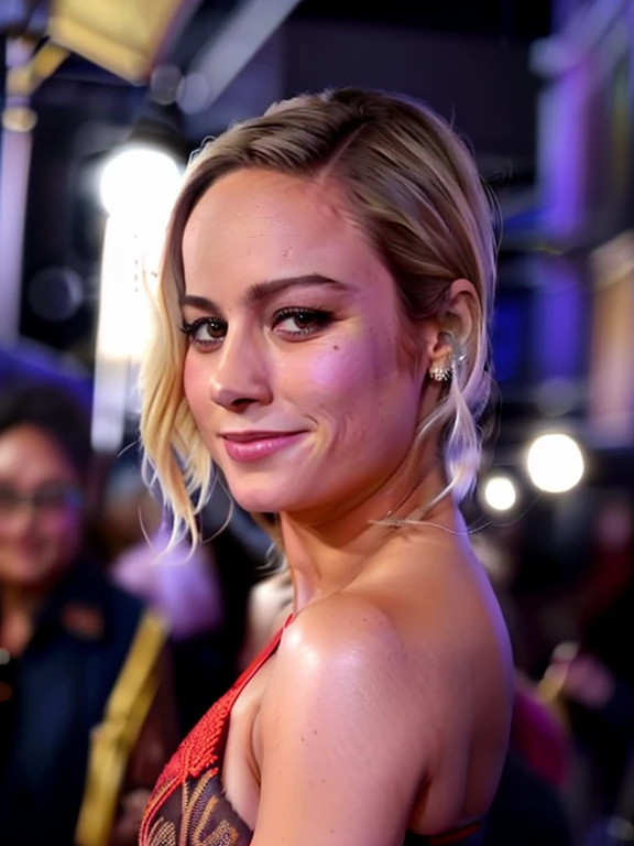 paparazzi shot of SCANTILY CLAD (Brie Larson) ((braless)) walking down a street, extremely high quality RAW photograph, detailed background, intricate, Exquisite details and textures, highly detailed, ultra detailed photograph, (Night time), artstation, 4k, sharp focus, high resolution, detailed skin, detailed eyes, 8k uhd, dslr, high quality, film grain, Fujifilm XT3, smirk