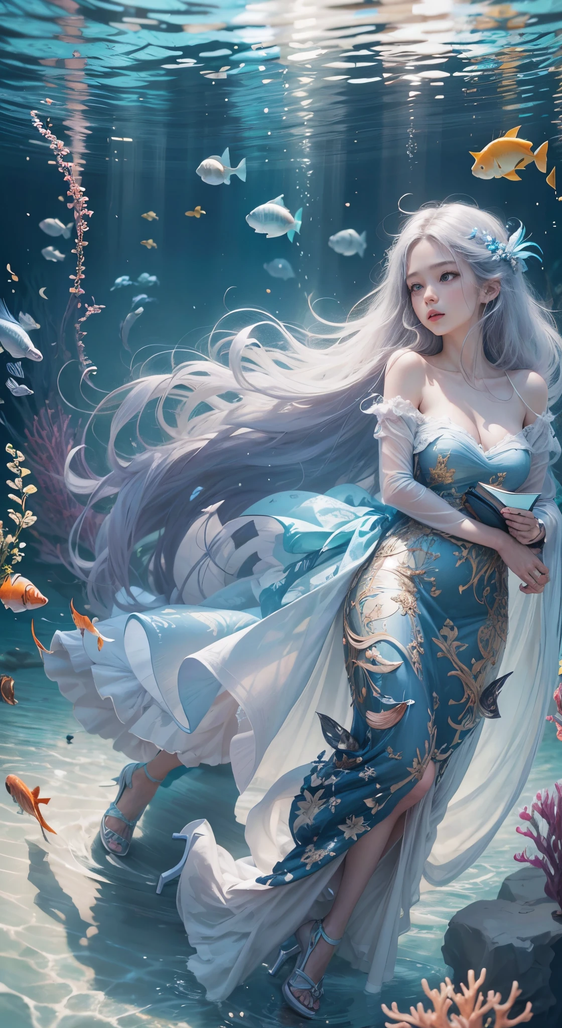 bottom of the ocean、light blue see-through long dress、The feet are in２There are books、White high heels、Hair is disheveled、Lots of tropical fish