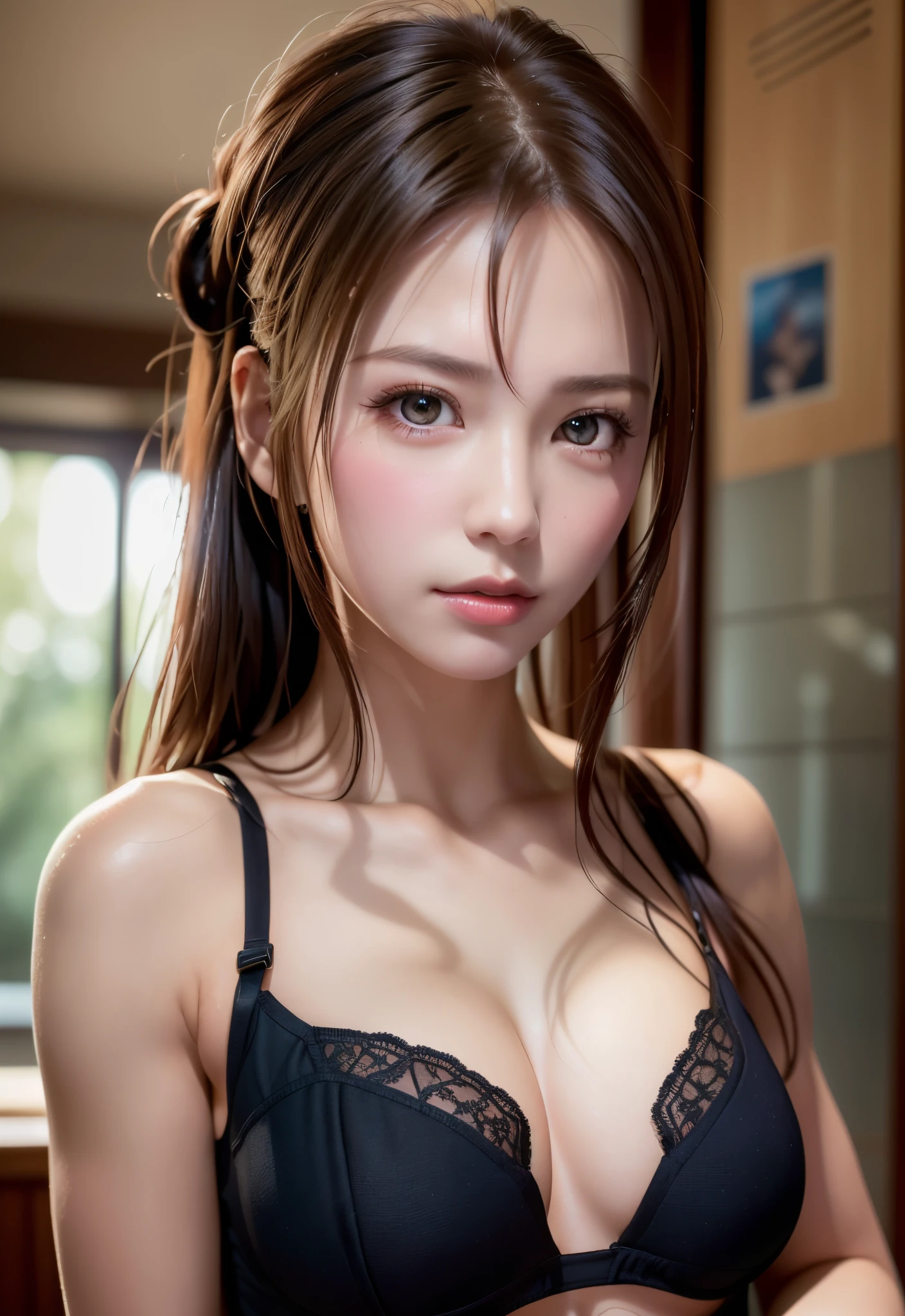 8K, of the highest quality, masutepiece:1.2), (Realistic, Photorealsitic:1.37), of the highest quality, masutepiece, Beautiful young woman, Pensive expression, Thoughtful look, Sexy lingerie、Hair tied back, Messy mood, Cinematic background, Tired, Light skin tone