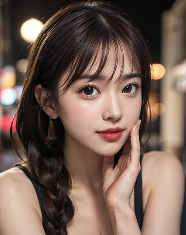 1girl, star eye, blush, perfect illumination, red hair, red eyes, unreal engine, sidelighting, detailed face, bangs, bright skin, simple background, dark background,