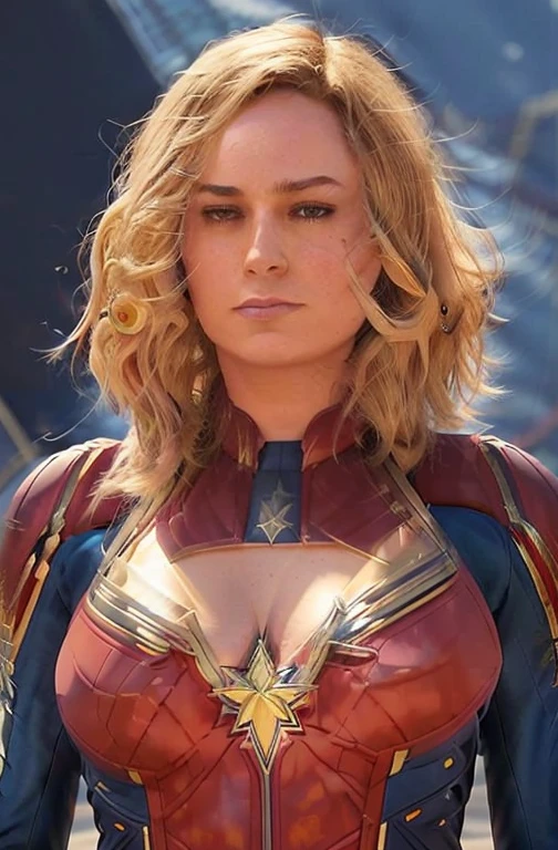 SCANTILY CLAD brie larson, medium hair, full body portrait, wearing captain marvel outfit, sexy, cleavage, breasts showing