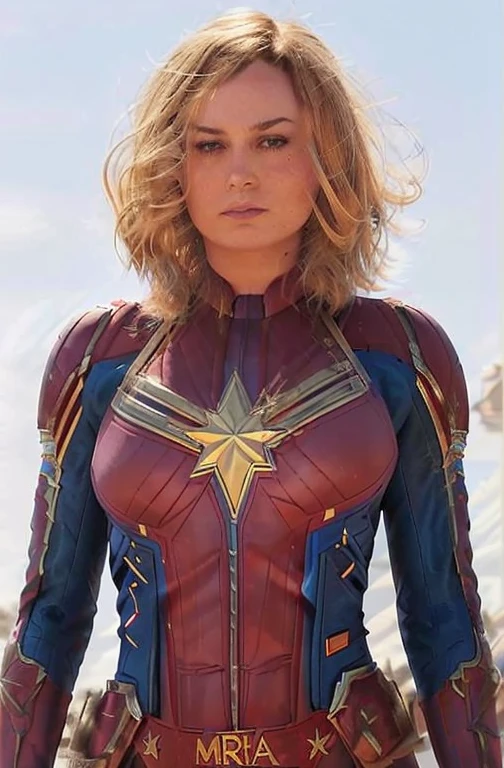 SCANTILY CLAD brie larson, medium hair, full body portrait, wearing captain marvel outfit, sexy, cleavage, breasts showing