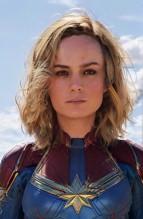 SCANTILY CLAD brie larson, medium hair, full body portrait, wearing captain marvel outfit, sexy, cleavage, breasts showing