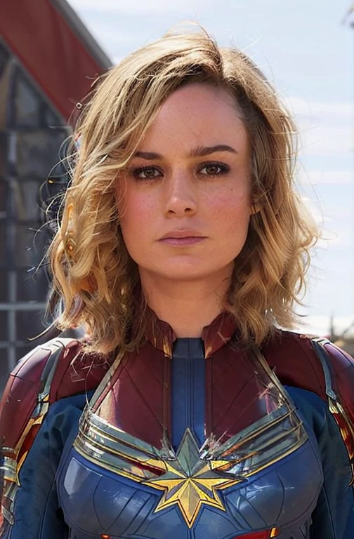 SCANTILY CLAD brie larson, medium hair, full body portrait, wearing captain marvel outfit, sexy, cleavage, breasts showing