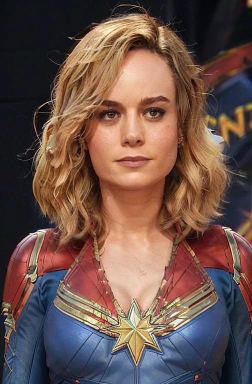 SCANTILY CLAD brie larson, medium hair, full body portrait, wearing captain marvel outfit, sexy, cleavage, breasts showing