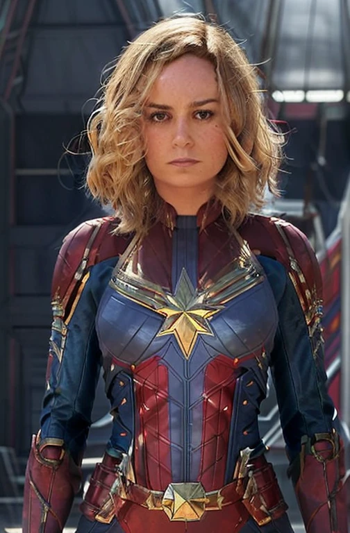 SCANTILY CLAD brie larson, medium hair, full body portrait, wearing captain marvel outfit, sexy, cleavage, breasts showing