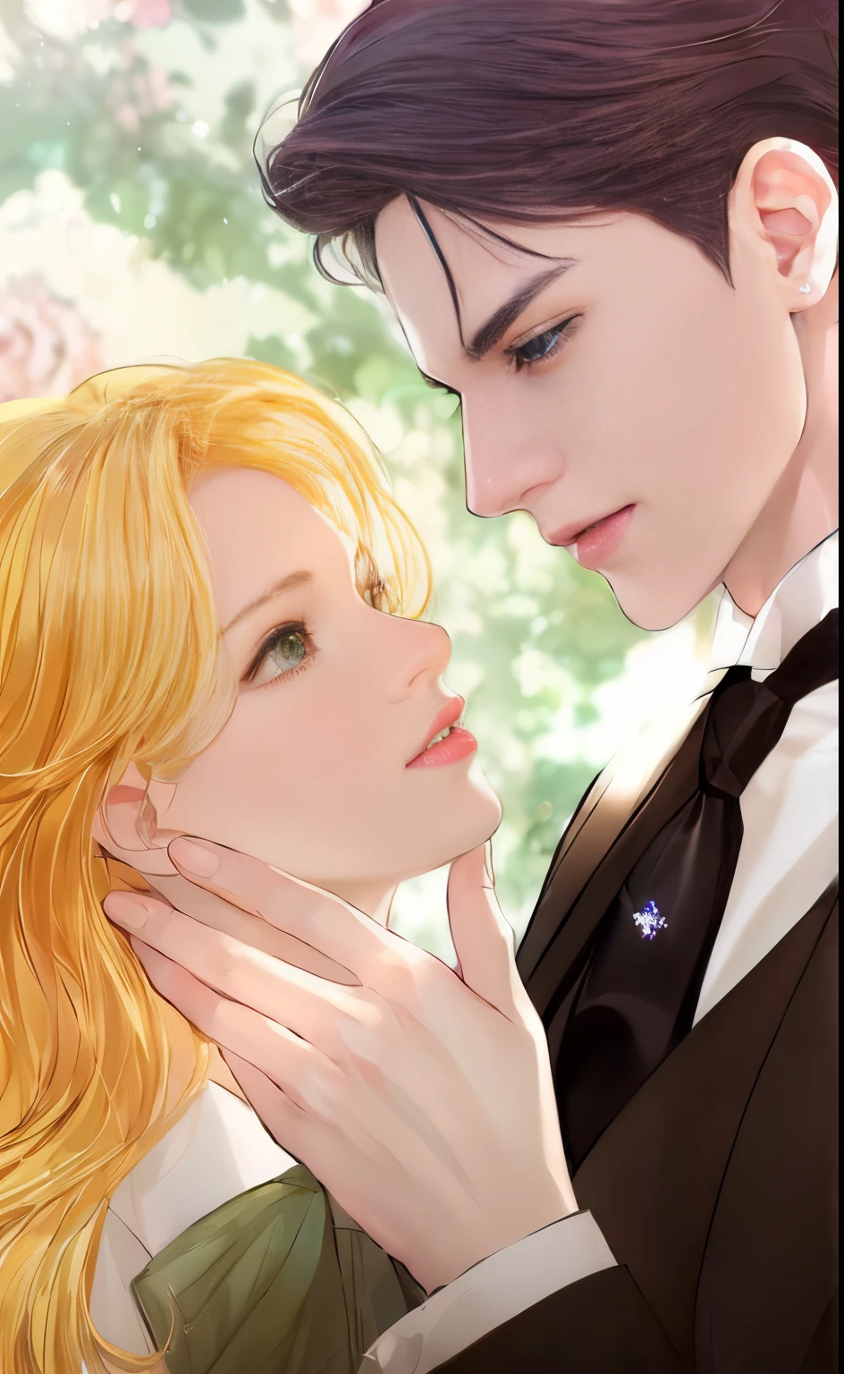 anime image of a man and woman in formal attire kissing, delicate androgynous prince, in the art style of bowater, beautiful androgynous prince, high quality fanart, shoujo romance, romance novel cover, elegant photorealistic, handsome stunning realistic, exquisite digital illustration, elegant digital painting, trending on artstration, digital art of an elegant, lovely couple