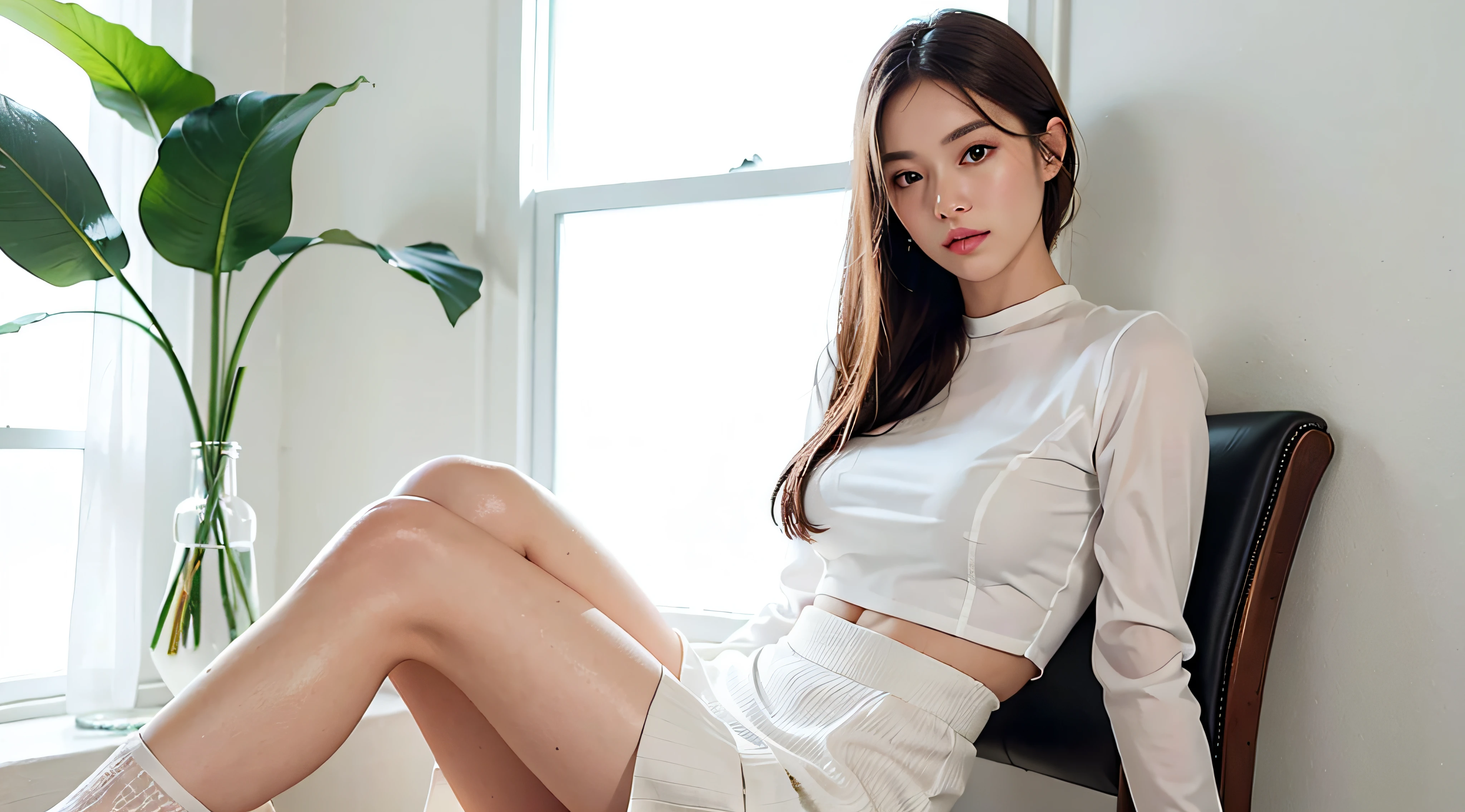 (Photoreal: 1.4), (Hyperrealistic: 1.4), (Realistic: 1.3), (Smooth Lighting: 1.05), (Improved cinematic lighting quality: 0.9), 32K, 1 female, 24 years old business woman, sitting in a chair with her knees together, realistic lighting, backlight, face light, ray tracking, (bright light: 1.2), (Quality improvement: 1.4), (Top quality realistic textured skin: 1.4), Fine detailed eyes, Detailed face, Fine quality eyes, Dark brown eyes, (Tired, sleepy and satisfied: 0.0), White blouse, dark blue tight skirt with slit at the side without fitting ornaments, dark brown hair, pure white silk socks in glossy fabric, pale lighting, white wall background with shadows by the window, Light leaking from the leaves of the tree forms a silhouette and falls on the wall