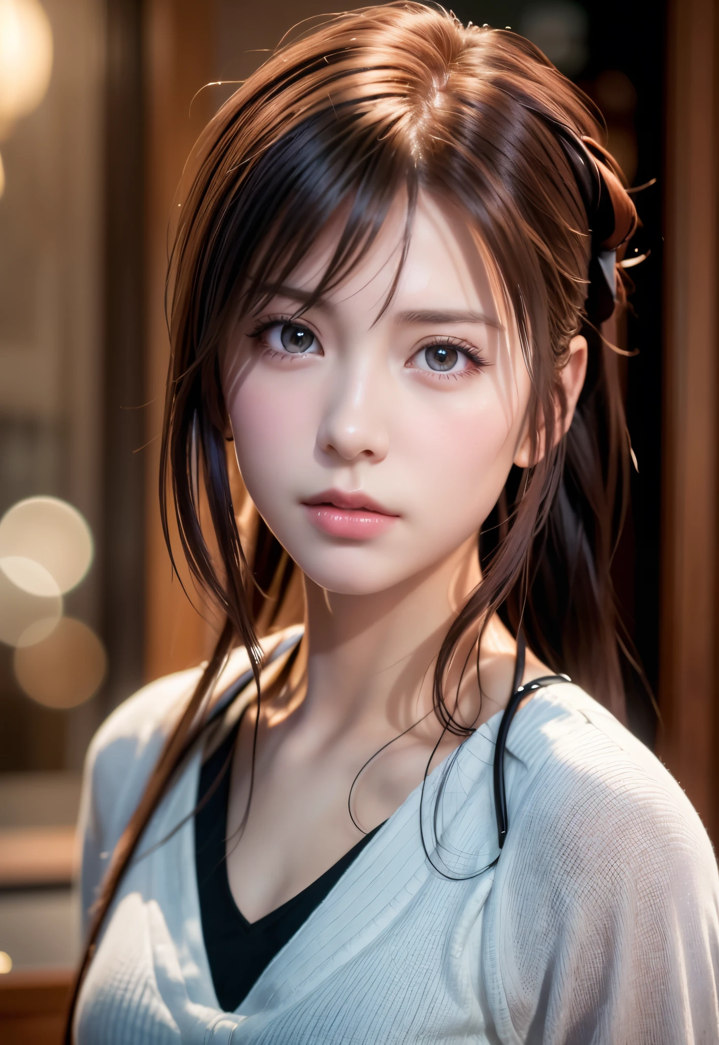 (logo, masterpiece, 8K, Tabletop, RAW Photos, wonderful, 最high quality, Photorealistic and very detailed CG composite 8k wallpaper, high quality, Very detailed, Narrative poem, Particle Effects, Dynamic Effects, Depth of the Boundary, What is written i, Cinematic Light, Lens flare, Ray Tracing),  Beautiful young woman, Pensive expression,、A charming、and an inviting look, cute santa clothes, Hair tied back, Cinematic background, Light skin tone