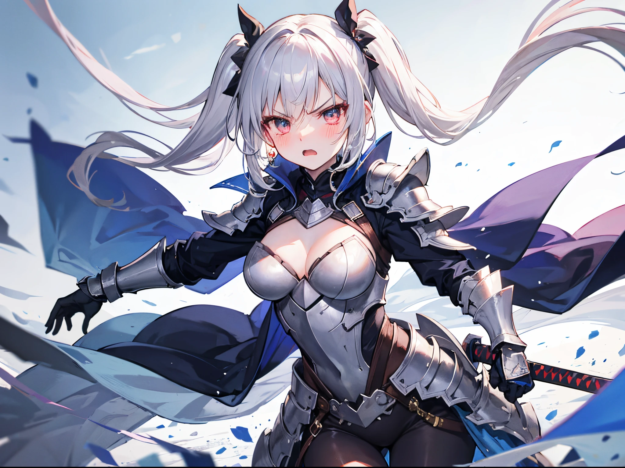 swordswoman, twin tail, silver hair, medium breasts, blush and angry, floating hair, armored dress,