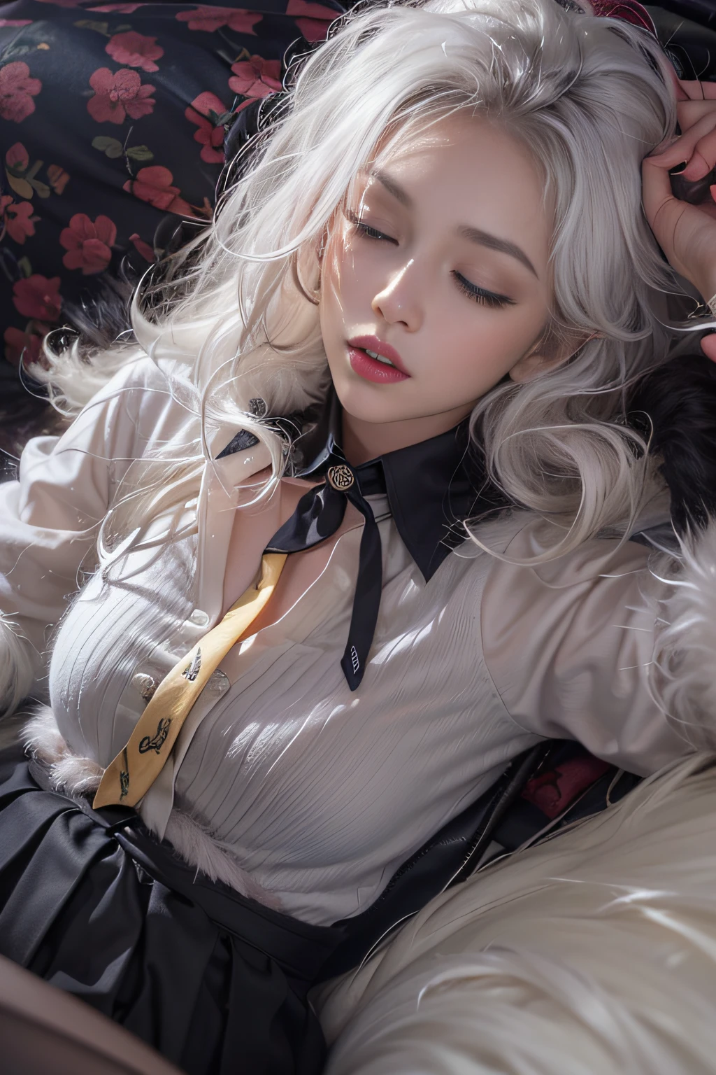 Portrait photo of a girl, Photorealistic, High resolution, 1 Women, Solo, waist-up, Beautiful eyes, Close lips, Detailed face, White hair, Long hair, Collared shirt, black necktie,Black skirt, pencil skirts, Fur coat, Stockings、(Woman lying with head up on a fur bed)Full Body Angle、((Eyes closed))、le woman)Full Body Angle、Taheso、full body Esbian、Photorealsitic、Skin highlights、largeeyes、Medium Boob、(Light shines on the face and chest)、(((((underboob)))))、Lower breast、Oily skin、skinny、 (Sexy uniform with a slight view of the underside of the chest)、(Visible lower milk、I can see your belly button and ribs、Hip bones and lower abdomen are visible、sensual face、A woman with a provocative smile)Full Body Angle、Taheso、full body Esbian、Photorealsitic、Skin highlights、largeeyes、Medium Boob、((Black lace panties are visible)),