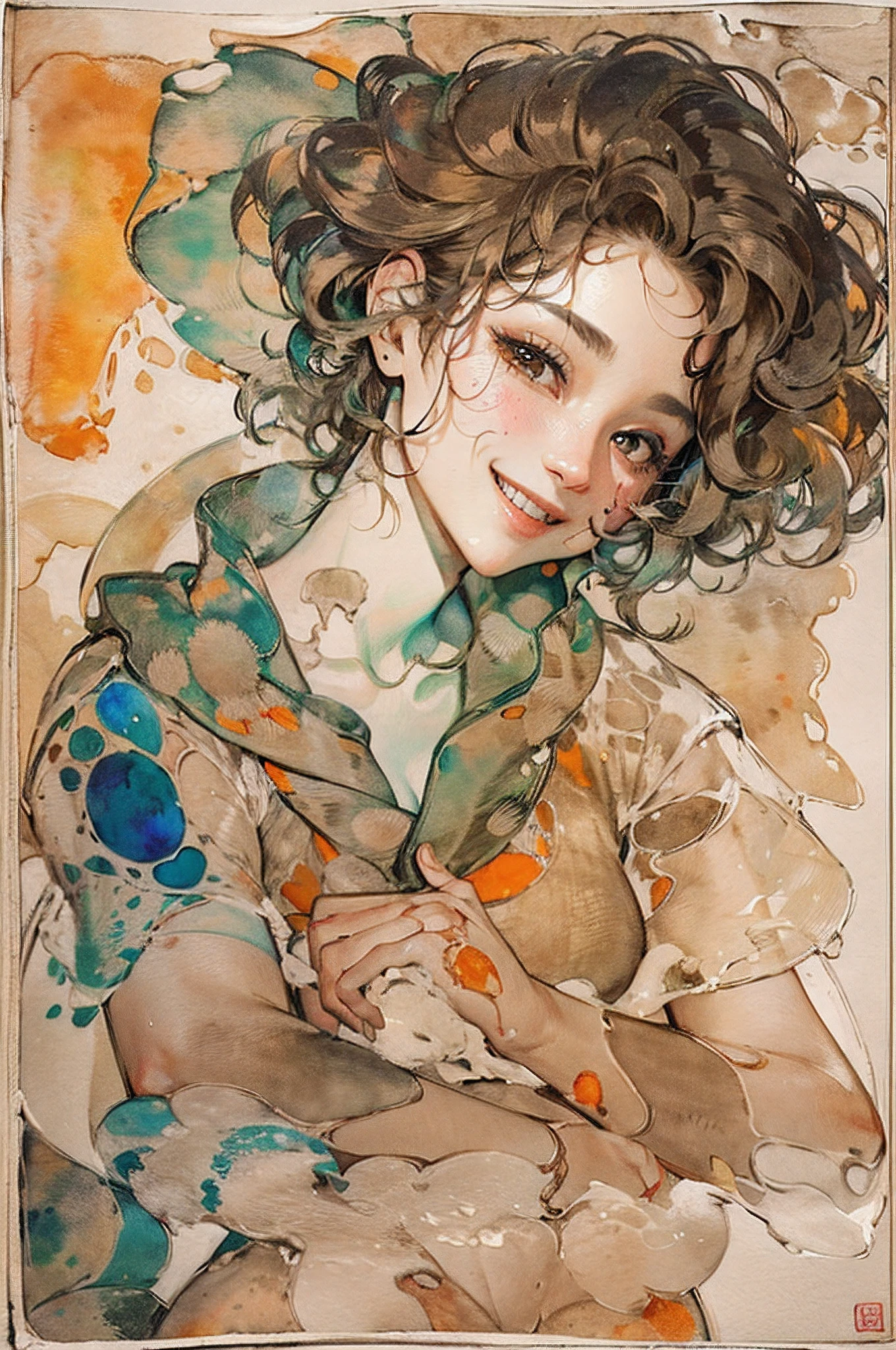 beautiful smiling face(Ink on Japanese paper, which tends to bleed easily)(contemporary art like a picture book) (transparent watercolor) (light itself expressed as real) (layers of soft, rich colors) (shades of paint dissolved thinly with water) (deep, delicate colors)