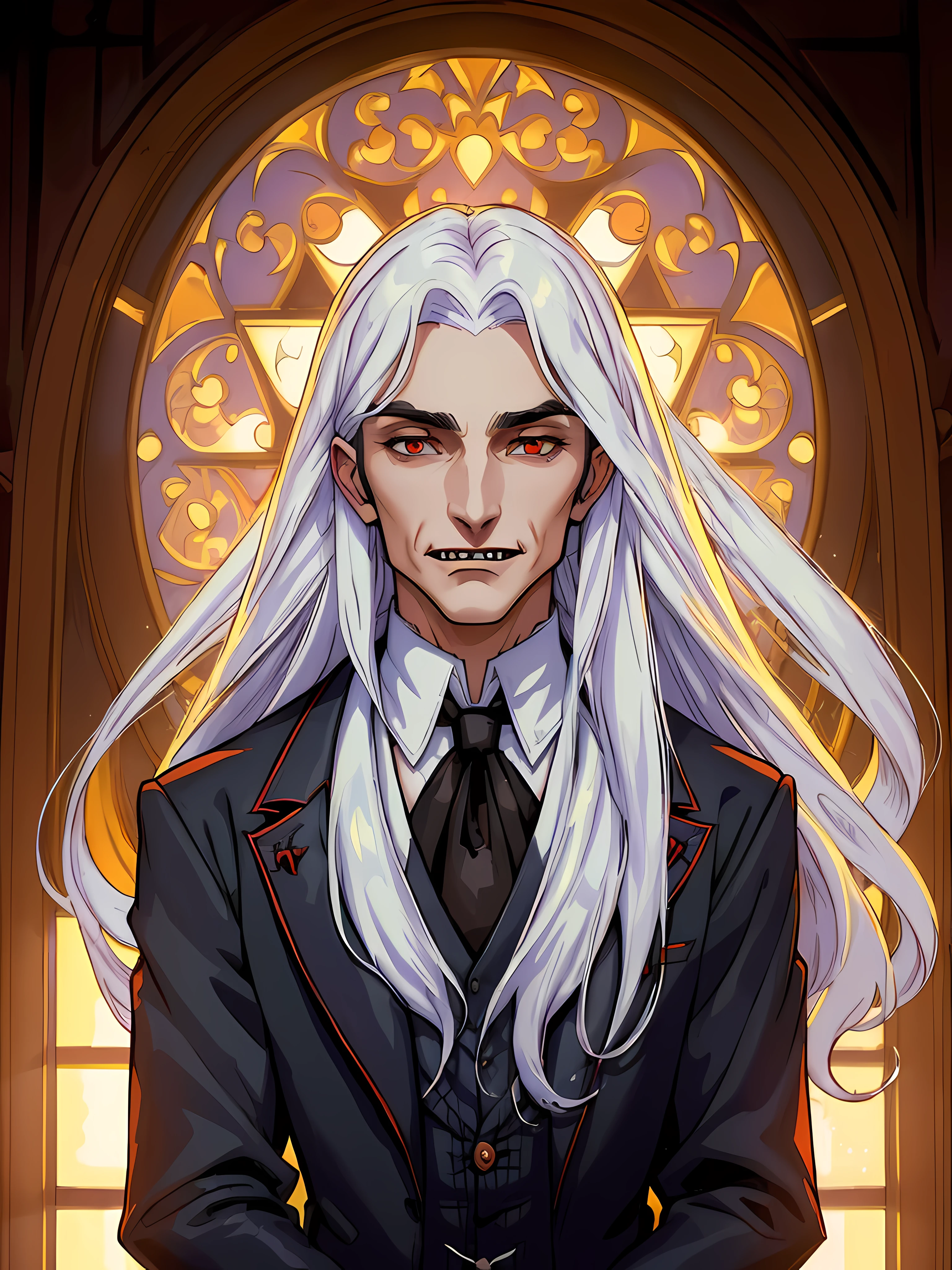 fangs, (symmetrical:1.5), (solo:1.3), (mid shot:1.3), (((((looking at the viewer))))), in the dimly lit castle room a Victorian-era aristocratic (((1boy))) male handsome (((vampire))) male stands by a tall arched window overlooking the mist-shrouded grounds, dressed in a tailored black suit, complete with a crisp shirt and a waistcoat, he embodies an air of (refined elegance), (long white hair)