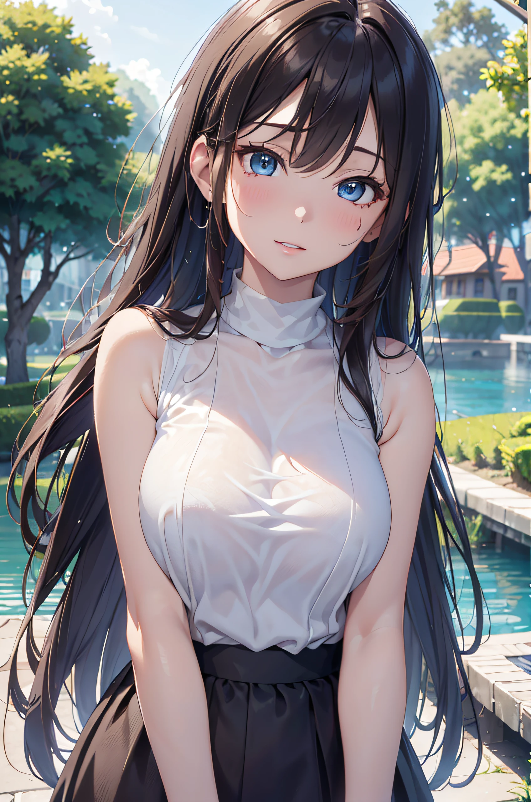 (Best Quality,4K,8K,hight resolution,masutepiece:1.2),Ultra-detailed,(Realistic,Photorealistic,Photorealsitic:1.37),Female, 20 years old,Eyes and faces with detailed,Long Wave Hair、dark brown hair、sleeveless beige turtleneck、flered skirt、long eyelashes,Beautiful detailed lips,Soft pastel colors,Studio Lighting,Garden background,,subtle water droplets on her skin,Hair that flutters in the wind、beautiful colored lake、captivating blue eyes,