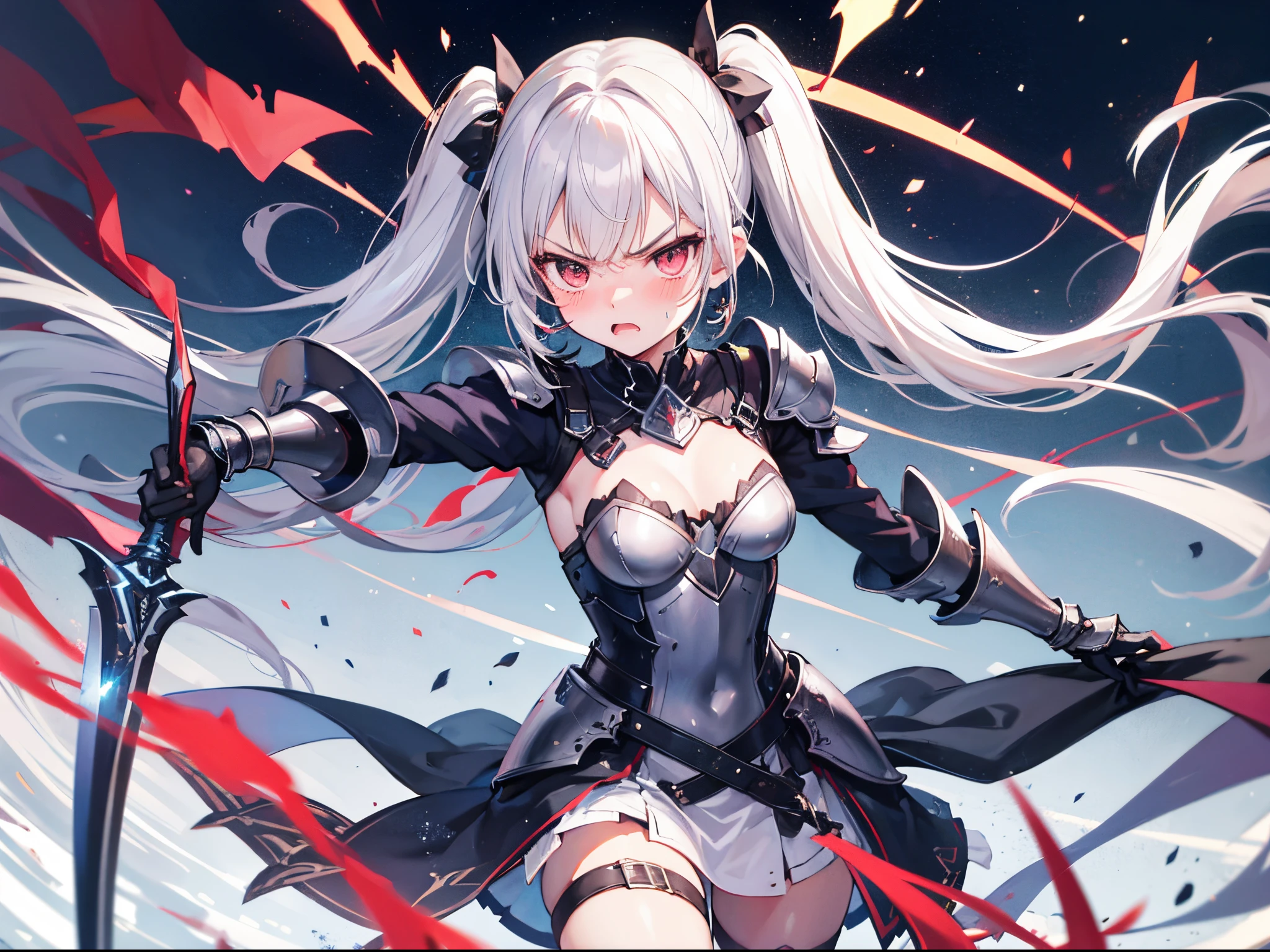 swordswoman, twin tail, silver hair, medium breasts, blush and angry, floating hair, armored dress,