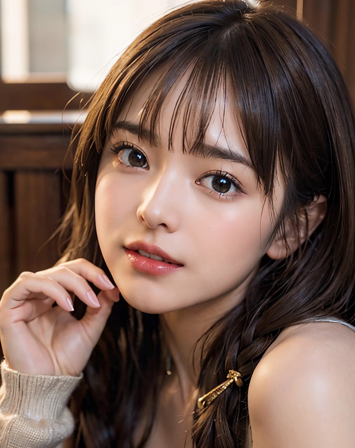 More skin, toView, Brown-eyed, (Light Brown Fringe Hair:1.2),Braided hair、The long-haired、Golden Ratio Face、Detailed eyebrows、A detailed eye、Detailed nose、Detailed mouth、Detailed hand、(Photorealsitic:1.4), (Top image quality:1.0), (超A high resolution:1.0), 8K, Raw photography, (masterpiece:0.2), (pureerosface), beautiful night, Cheerful and happy, crystal clear skies, analog style, (Skin Texture, Film grain), Cinematic Light, side lights, Ultra high resolution deep V sweater、(爆乳:1.4), Coordinated breasts, Facial expressions waiting for a kiss,Bright lighting, from waist up