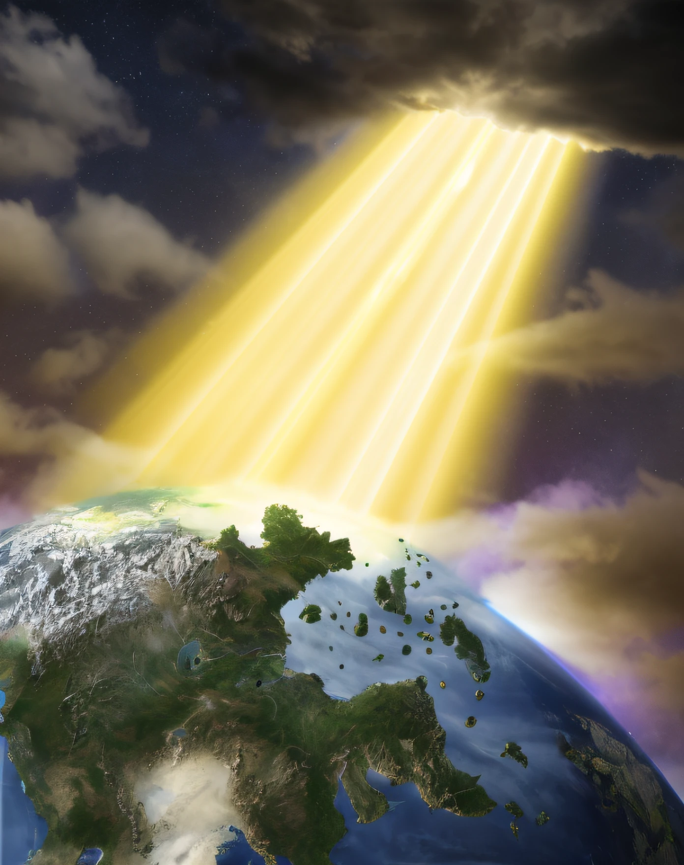 faint volumetric god rays, emitting spore clouds, god's rays highly detailed, heaven planet in background, god ray through clouds, volumetric god rays, creation of the world, sunbeams. digital illustration, divine realm of gods, background atmospheric effects, In color, stars, sun rays, clouds, background