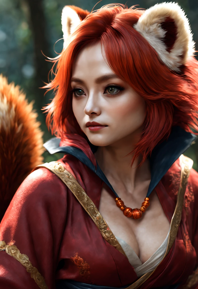 A Hyperrealistic, Red Panda female Sorcerer, Magic, Japanese Fantasy World, perfect face, Perfect Body, Detailed and Intrincated, HD
