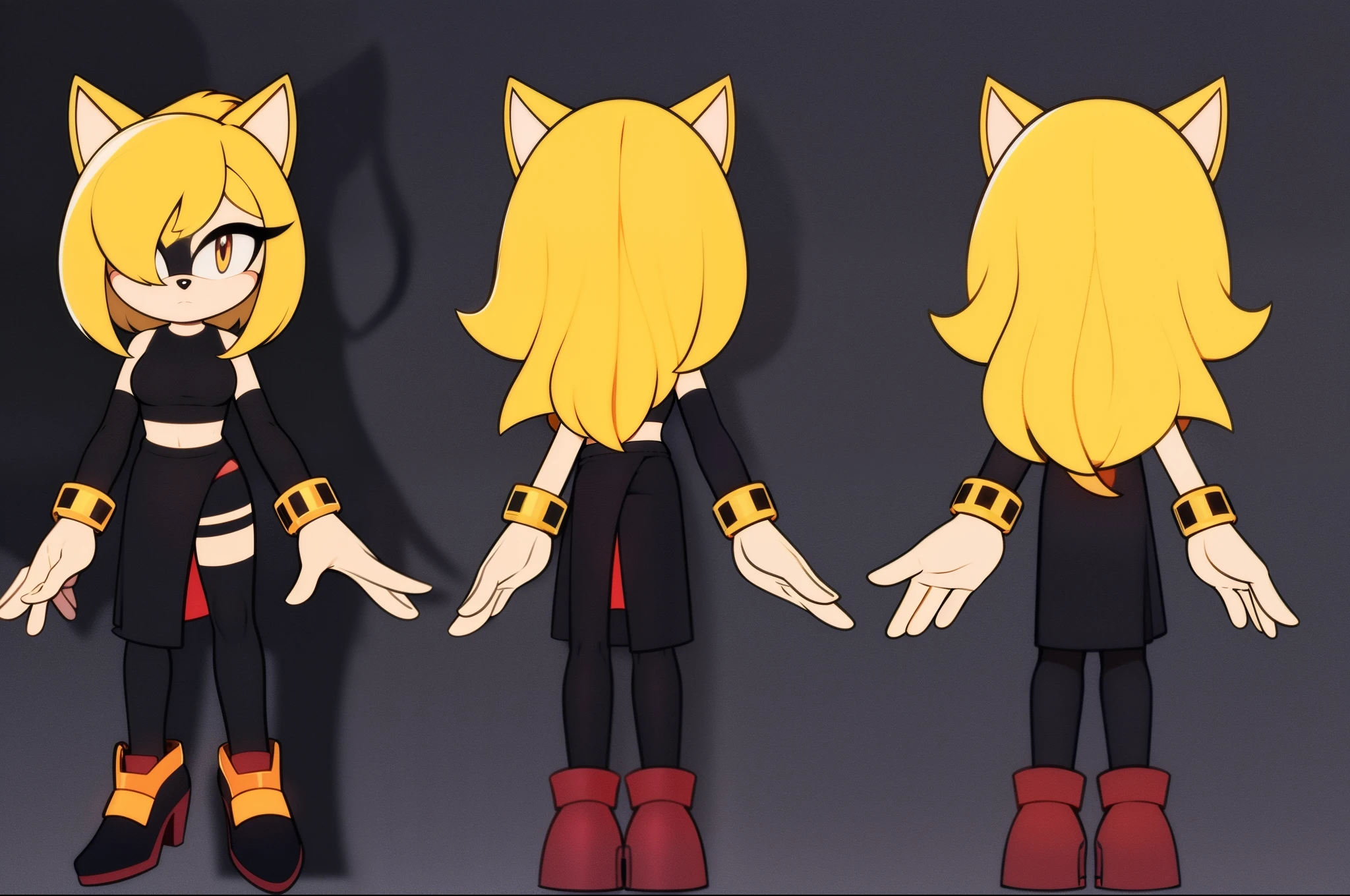{(beautiful, masterpiece, best quality, perfect lighting, reference sheet, model sheet)}, (multiple views, [from behind|from side|from front|close-up|upper body|portrait]:1.2), (mobian), detailed hands and fingers, female, mobian, blonde fur, fuzzy fur, medium hair, blonde hair fades into white hair halfway down, amber colored eyes, large hair bangs over one eye, large tuft of blonde chest fur/mane, mane of blonde fur, fluffy mane of blonde fur over the shoulders, long fuzzy cat tail, tight black dress, grey crop top on top of the dress, fluffy mane over crop top, black fingerless gloves, grey glove cuffs with amber rings around the middle, grey strapped heels
