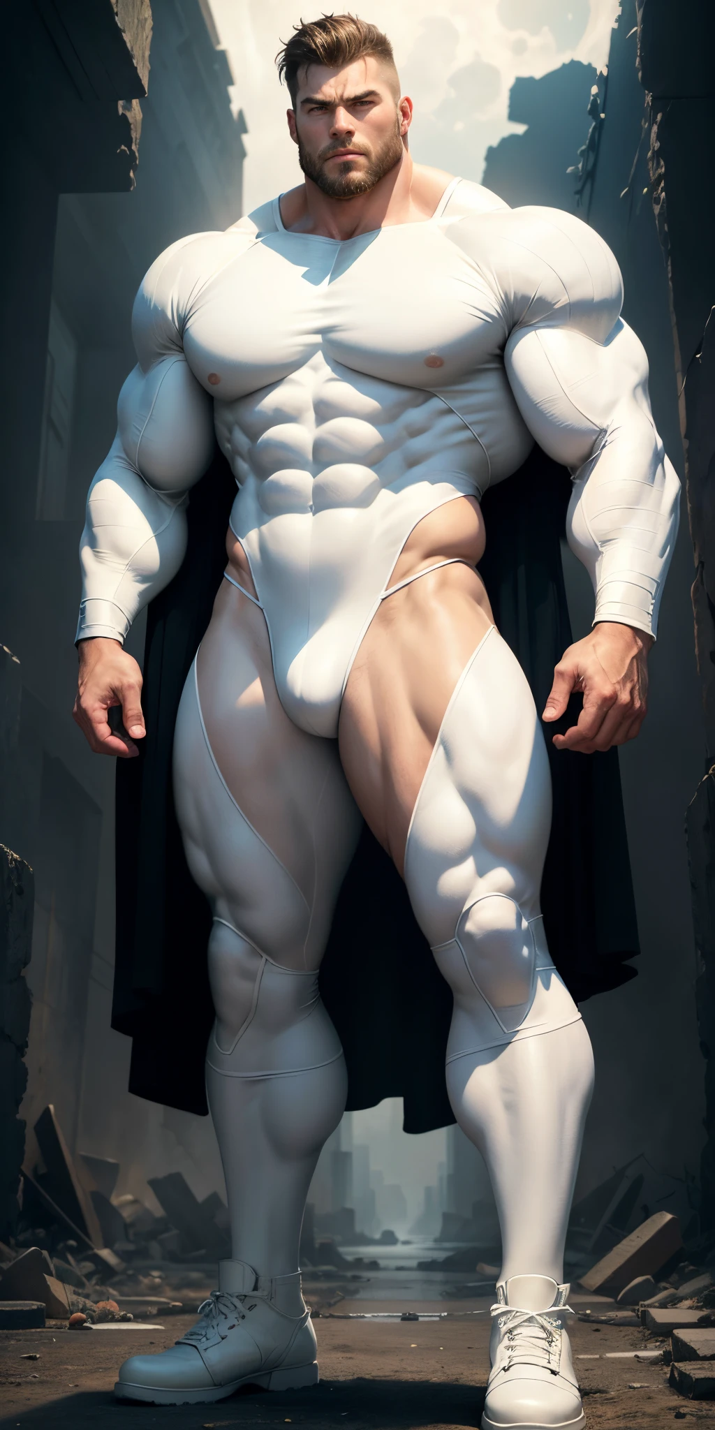 filmposter,Mature men,aged 40,Wearing a smooth rice milk white spandex suit,Standing alone in the ruins of doomsday,expression sad,Deep and charming eyes,Emerald-like pupils,muscular male hero,heroic masculine pose,Tall and burly,Muscular!Sexy and charming muscular legs,tall, Burly, and strong, Super gain and cool, A high resolution, Creamy white combat boots,Charming strong man,The bright moonlight shines on me,Solitude